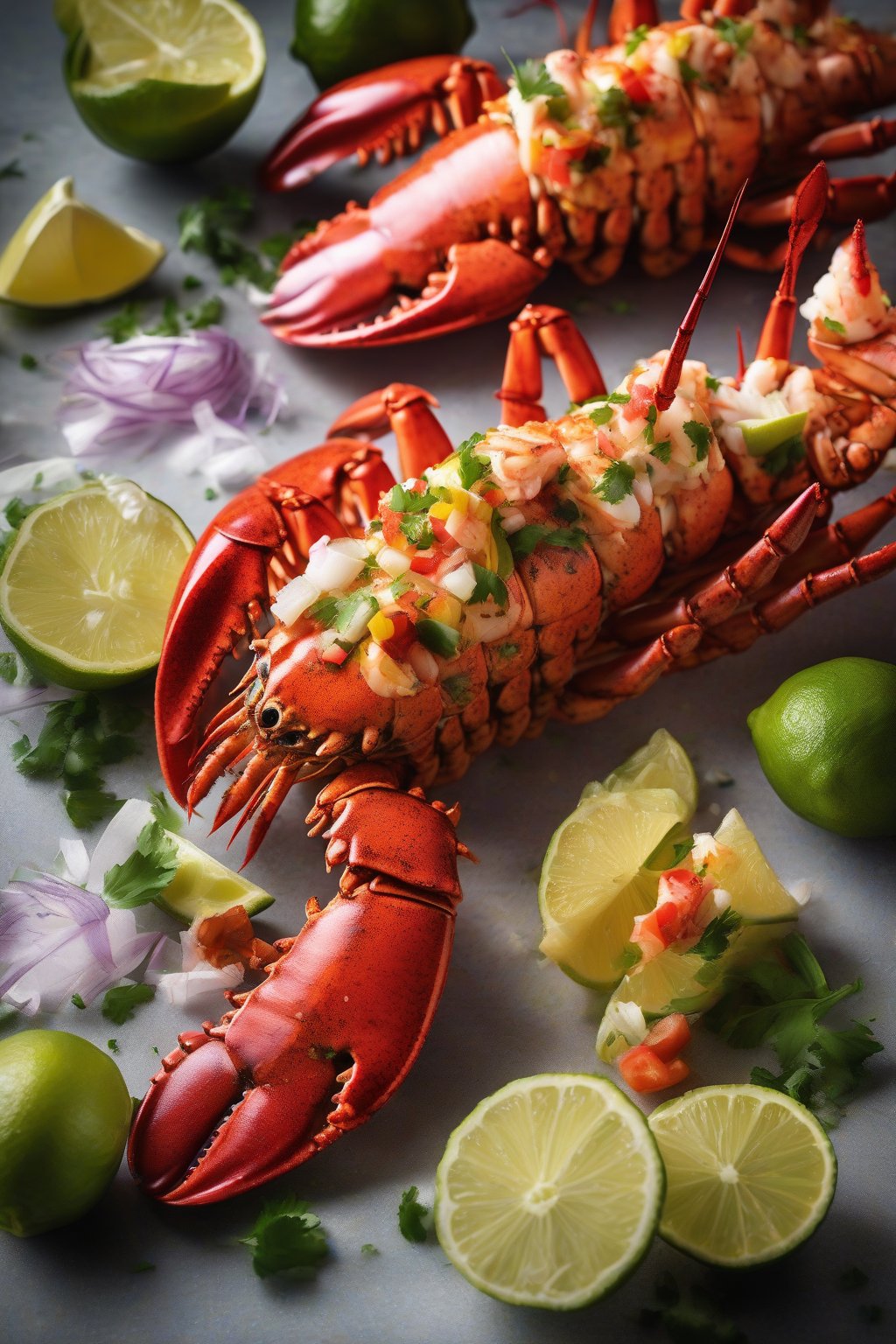 A high-resolution photo of chili lime lobster tails with zesty garnishes under soft lighting.