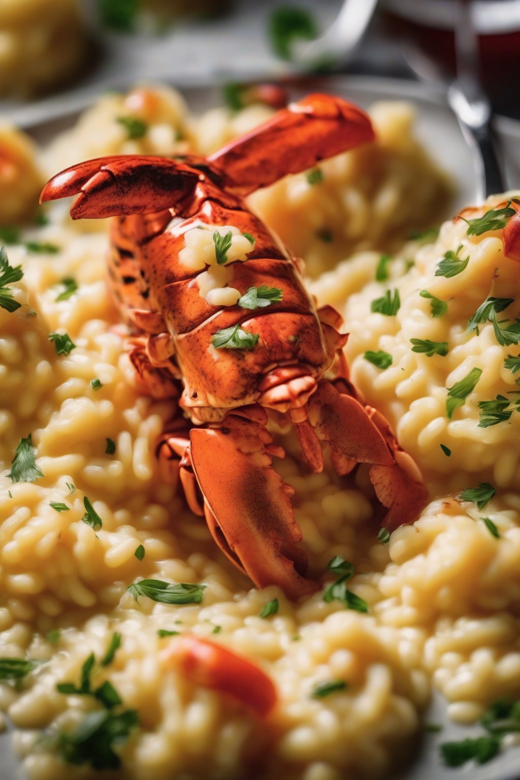A high-resolution close-up of saffron lobster tails on creamy risotto under soft lighting.
