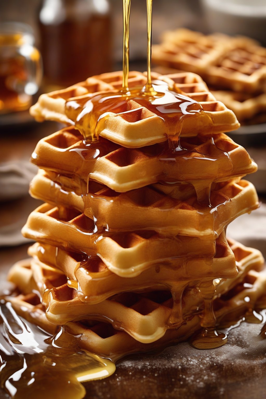 A high-resolution close-up photo of golden maple waffles stacked high, dripping with syrup and melting butter under soft lighting.