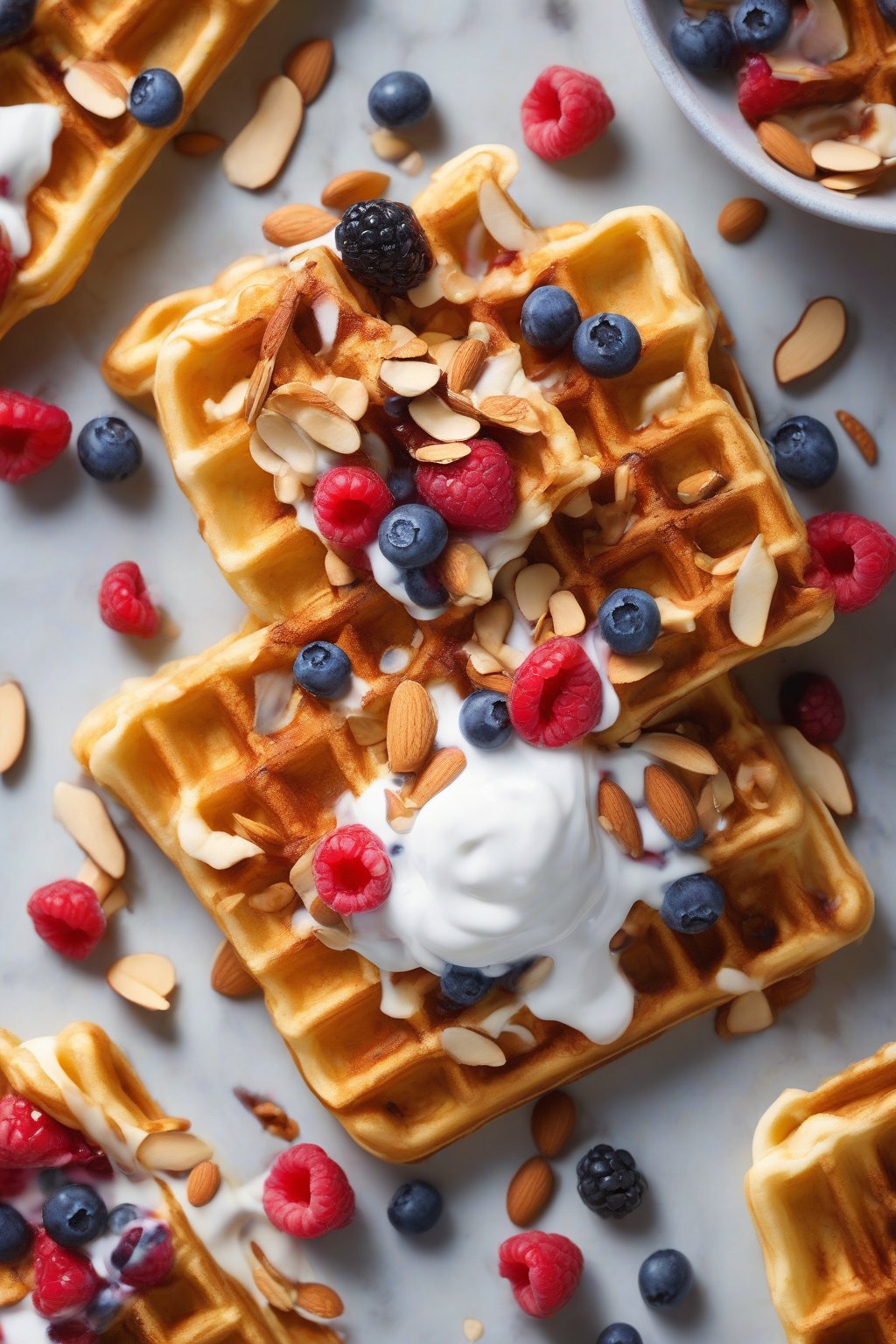A high-resolution close-up photo of golden waffles topped with colorful berry medley, yogurt swirls, and almonds under soft lighting.