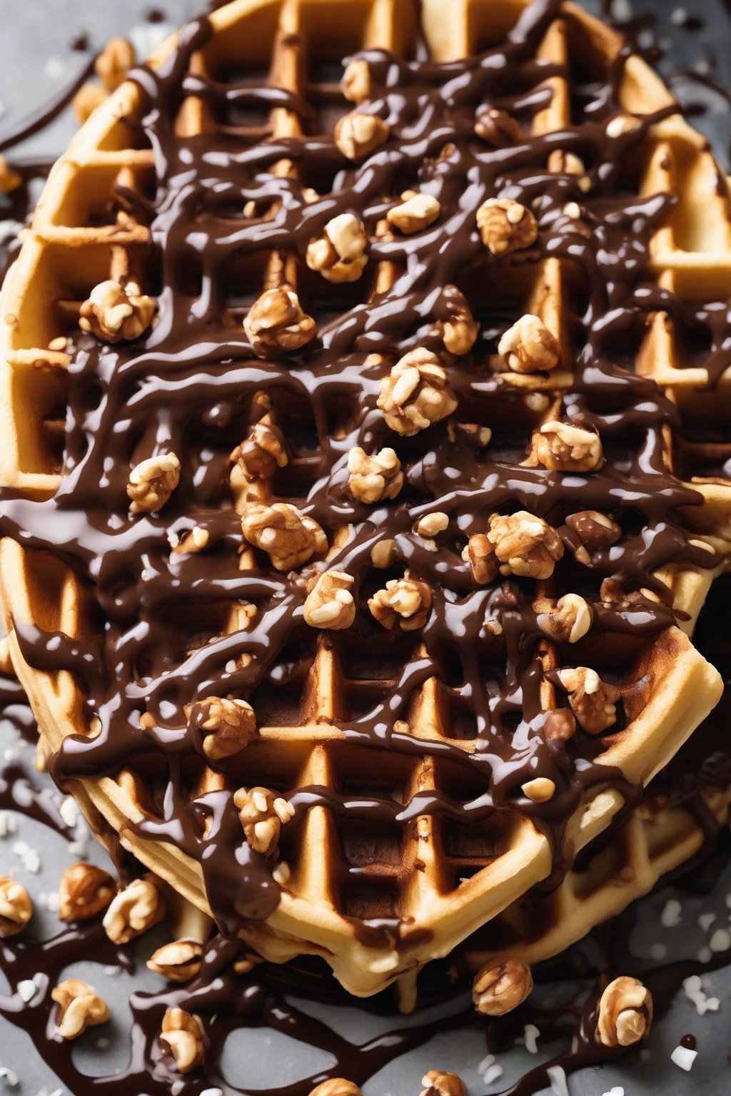 A high-resolution close-up photo of golden waffles smothered in chocolate drizzle, hazelnuts, and sea salt under soft lighting.