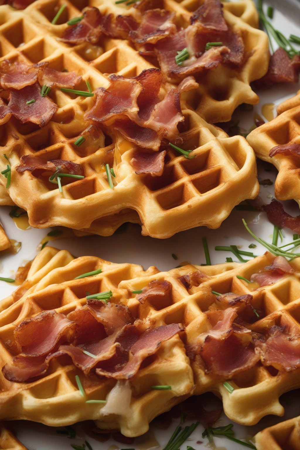 A high-resolution close-up photo of golden savory waffles with melted cheddar, bacon crumbles, and chives under soft lighting.
