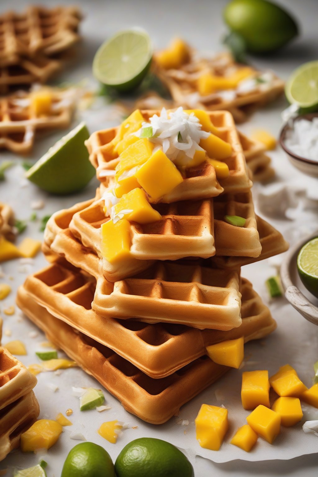 A high-resolution close-up photo of golden waffles piled with mango chunks, coconut, and lime zest under soft lighting.