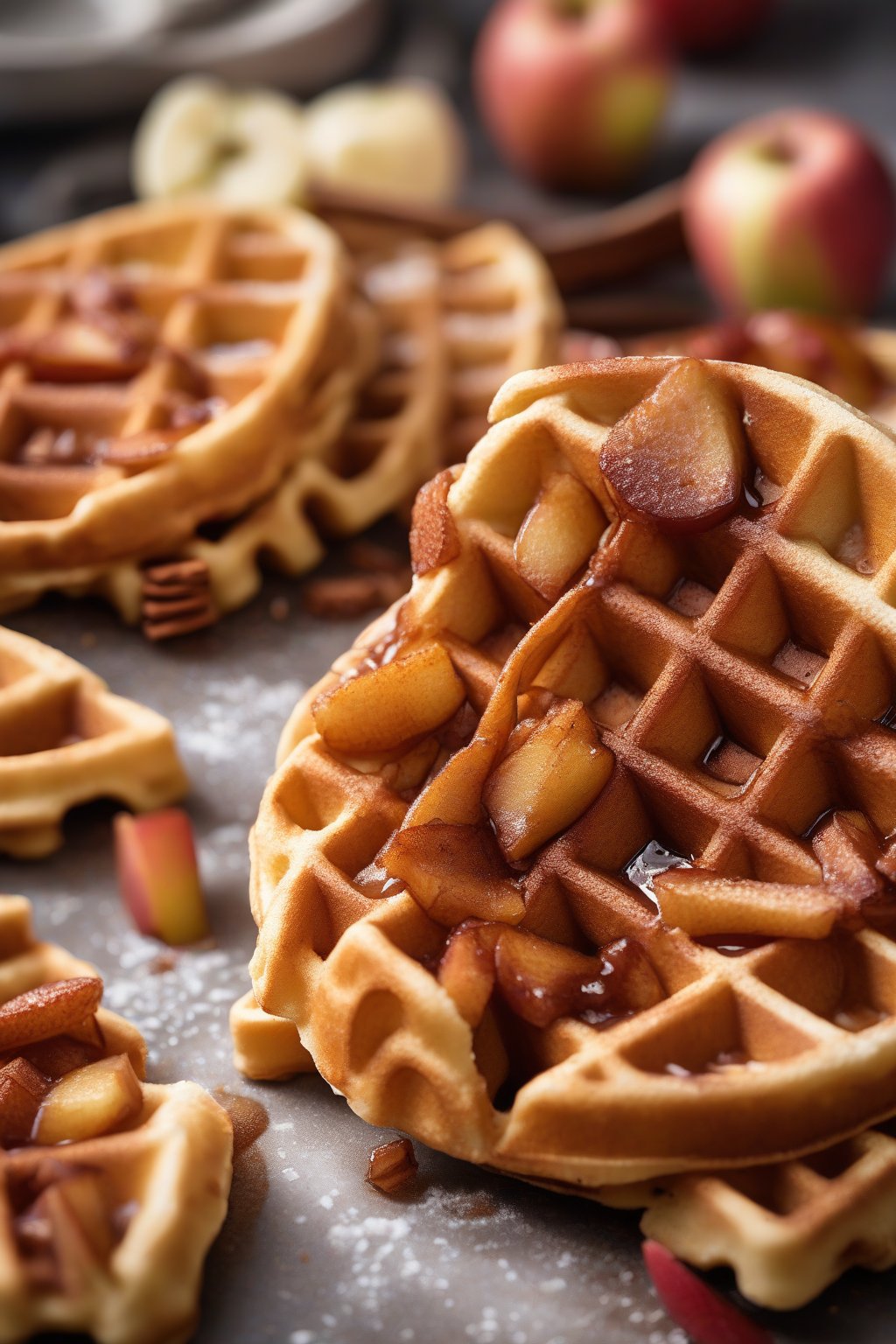 A high-resolution close-up photo of golden waffles topped with caramelized cinnamon apples under soft lighting.