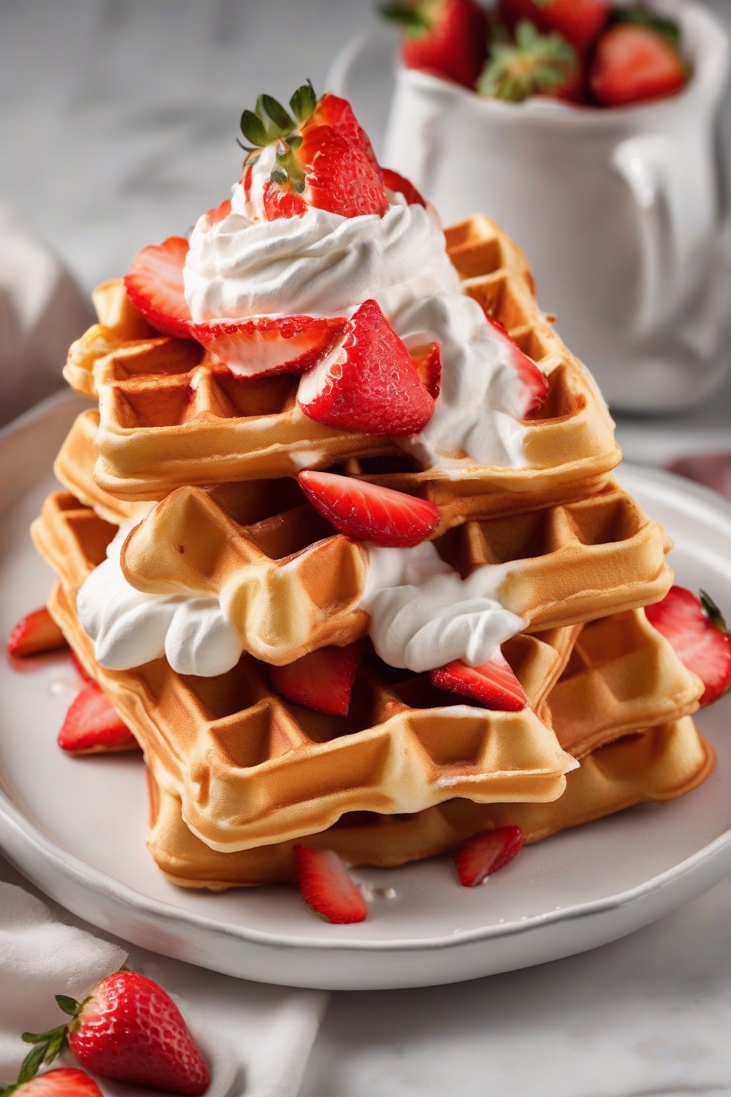 A high-resolution close-up photo of golden waffles with fluffy whipped cream and fresh strawberries under soft lighting.