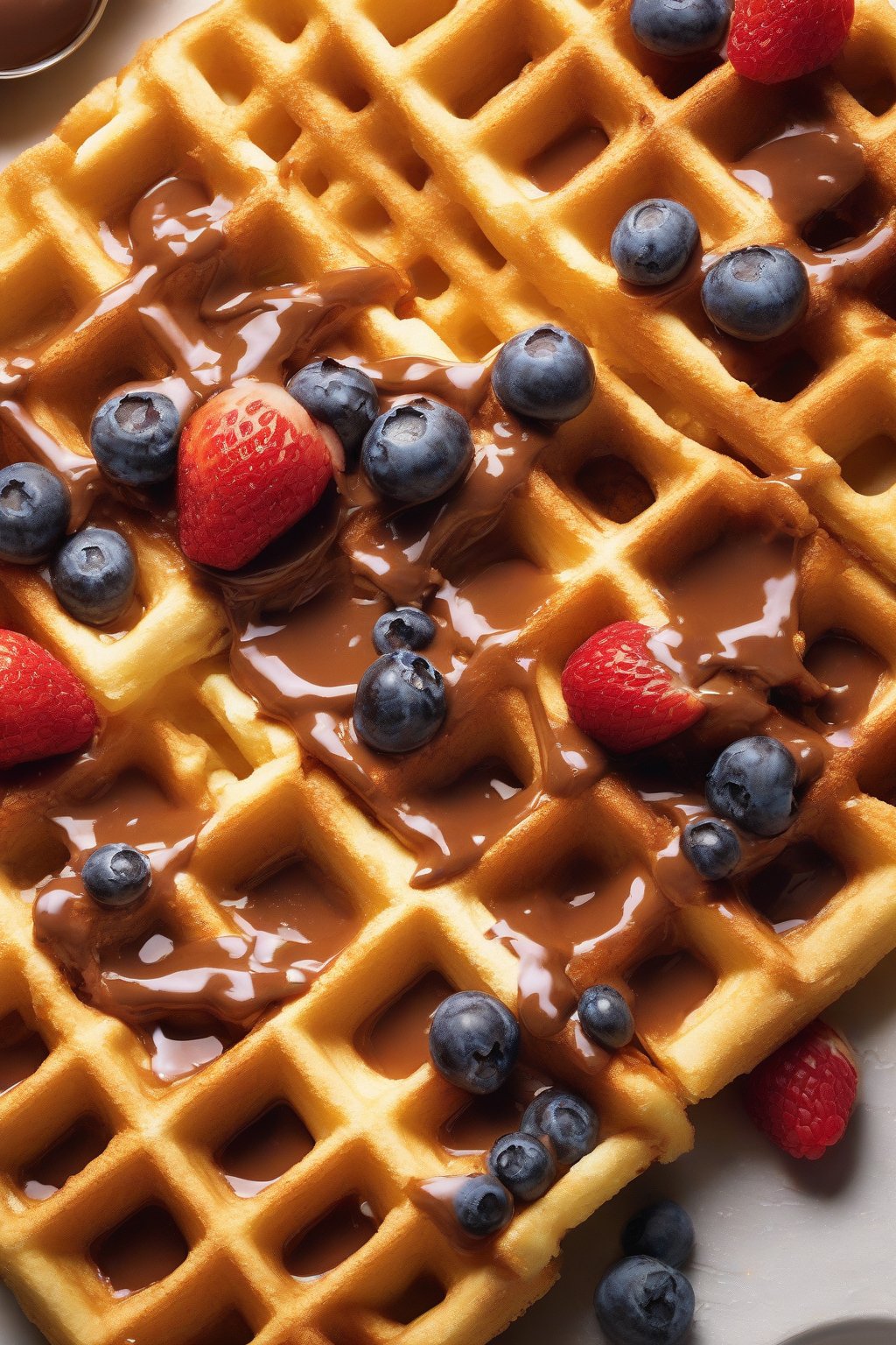 A high-resolution close-up photo of golden waffles oozing with Nutella and fruit slices under soft lighting.