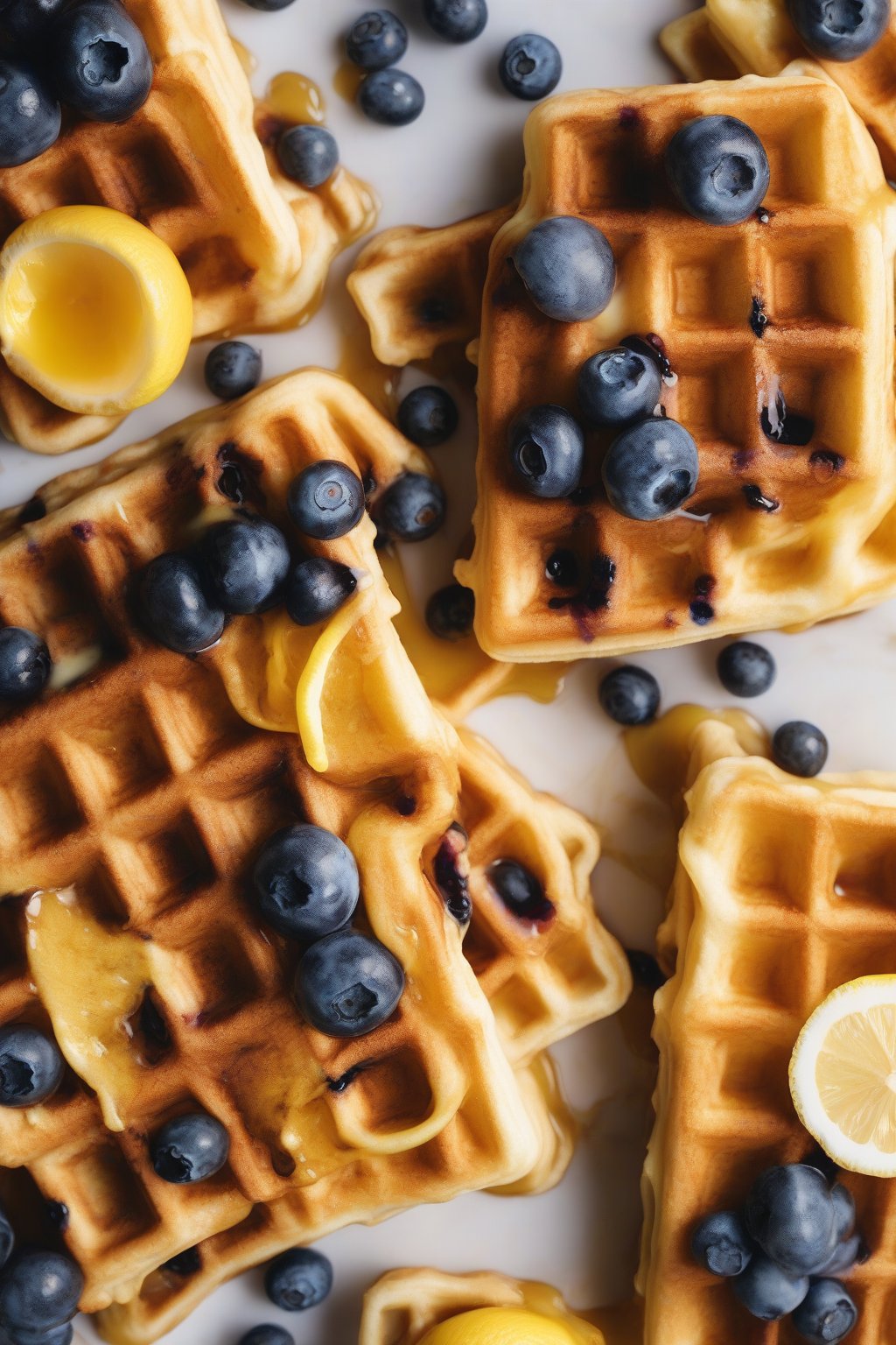 A high-resolution close-up photo of golden waffles with lemon curd swirls and blueberries under soft lighting.