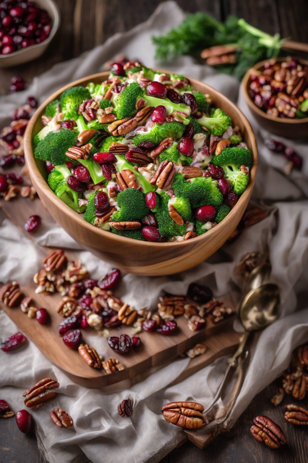 A high-resolution photo of cranberry pecan bacon broccoli salad garnished with pecans and cranberries, in a wooden bowl, under soft lighting.