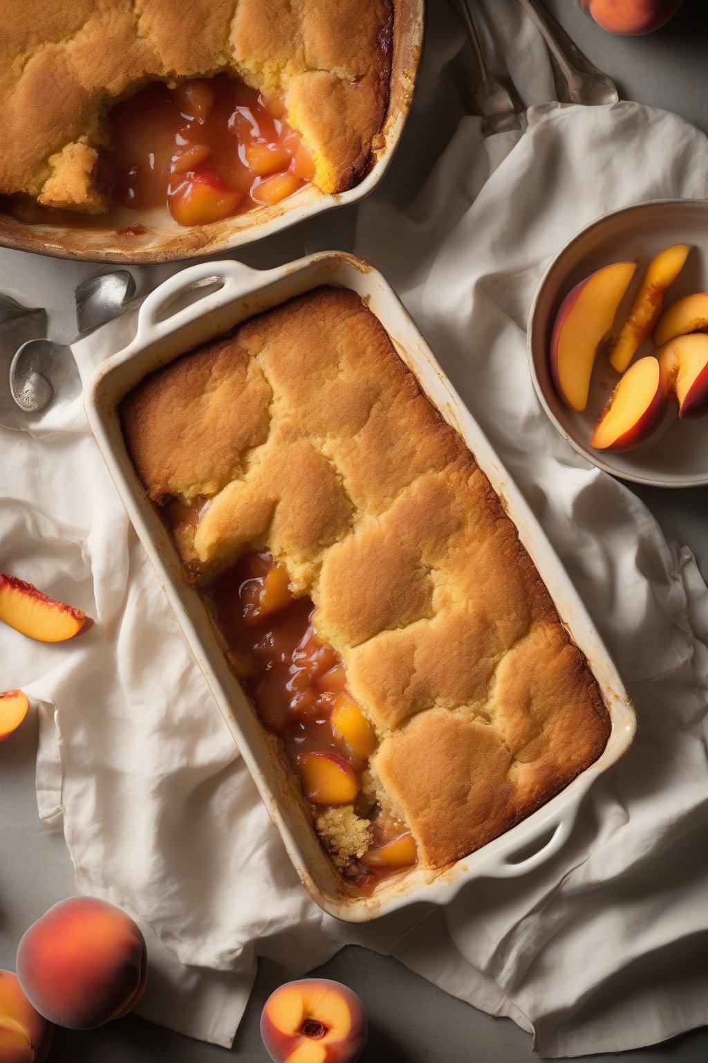 A high-resolution photo of peach cobbler topped with golden cornbread crust and visible juicy peaches, under soft lighting.