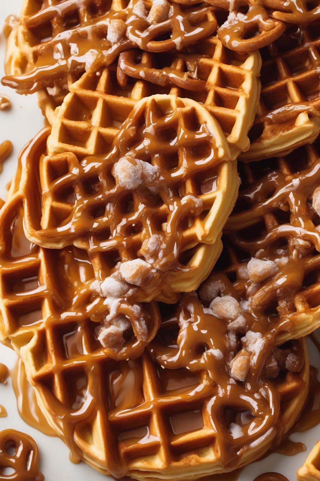 A high-resolution close-up photo of golden waffles drenched in salted caramel and pretzels under soft lighting.