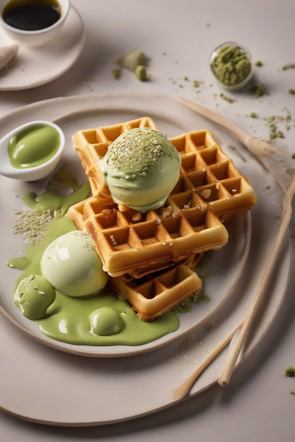 A high-resolution close-up photo of golden waffles with melting matcha ice cream and sesame seeds under soft lighting.
