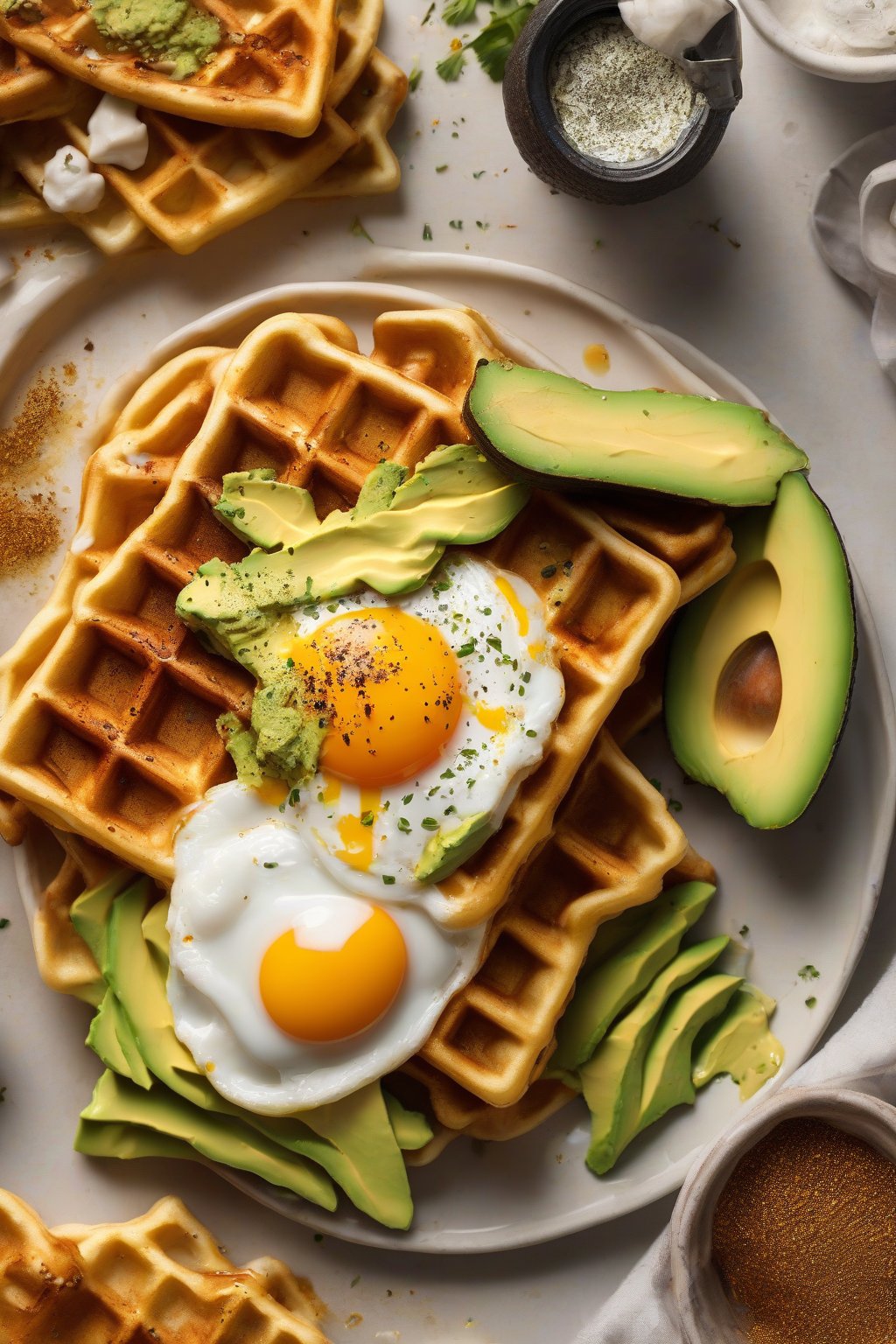 A high-resolution close-up photo of golden waffles topped with avocado, fried egg, and seasoning under soft lighting.