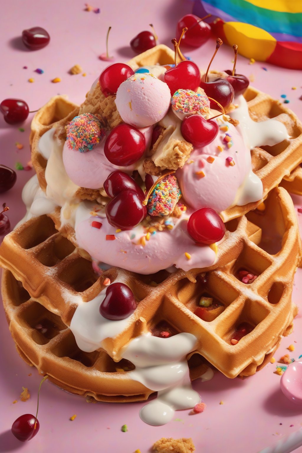 A high-resolution close-up photo of golden waffles with ice cream, rainbow sprinkles, and cherries under soft lighting.