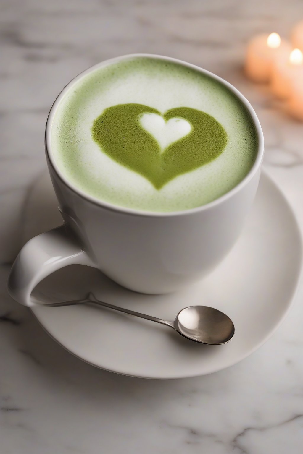 A high-resolution photo of a frothy green matcha latte in a white ceramic mug, topped with a light foam heart, under soft lighting.