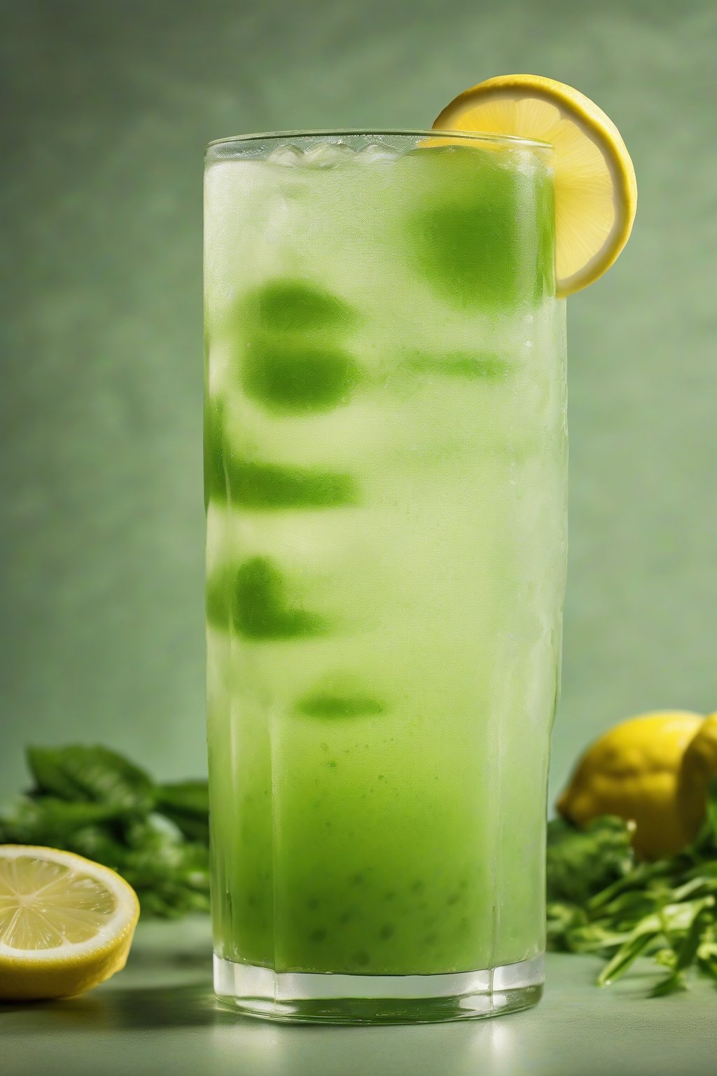 A high-resolution photo of a tall glass of iced green matcha lemonade with lemon slices and ice cubes, condensation beading on the glass, under soft lighting.