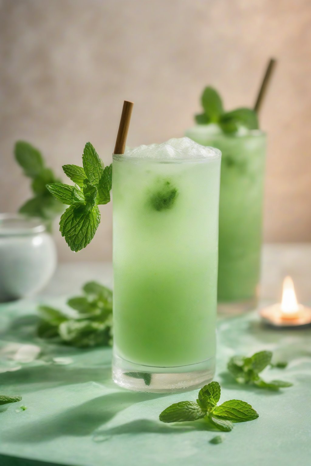 A high-resolution photo of a green matcha mint cooler in a frosted glass with mint sprigs garnish, under soft lighting.