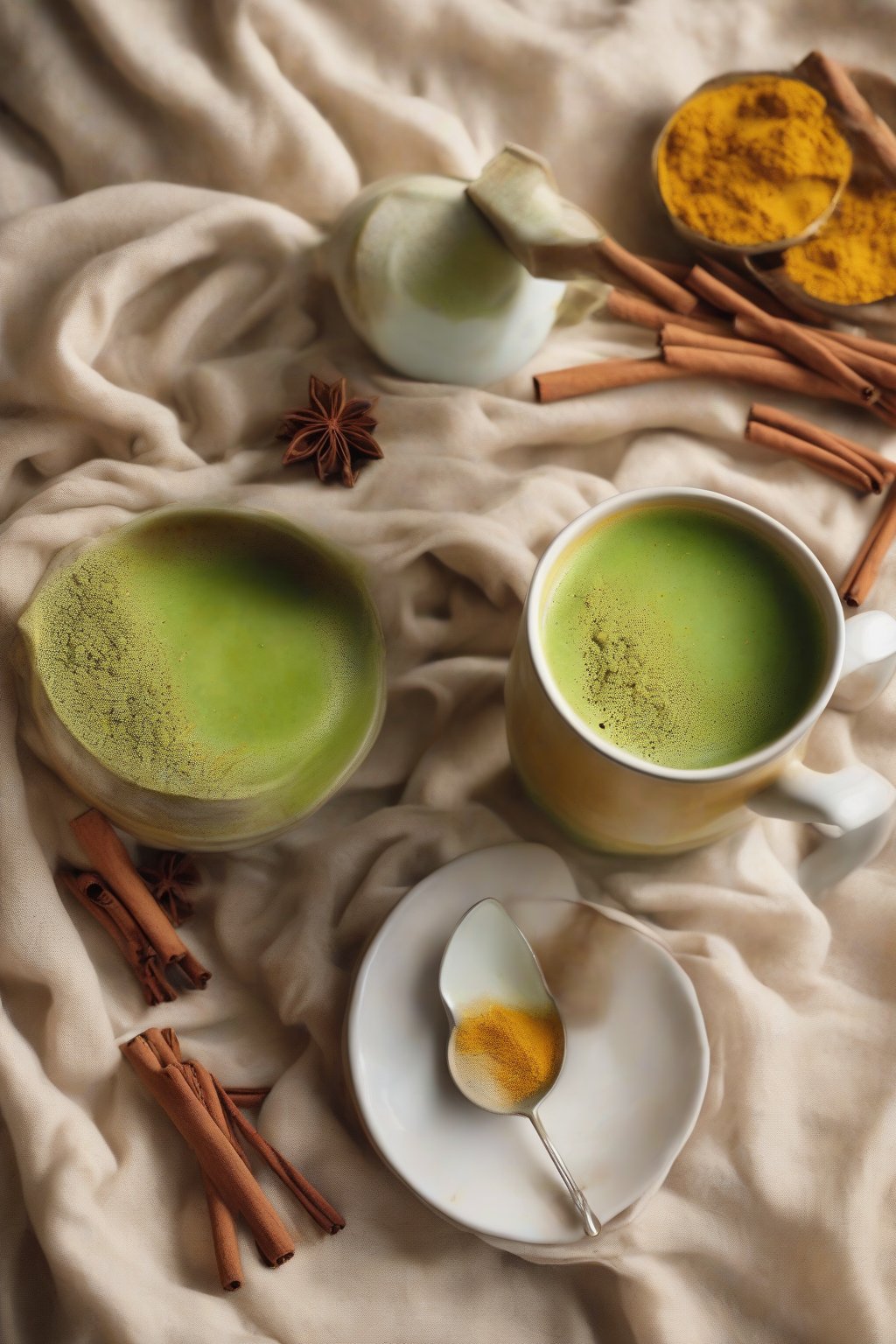 A high-resolution photo of a steaming golden-green matcha turmeric latte in a cozy mug with cinnamon dust, under soft lighting.