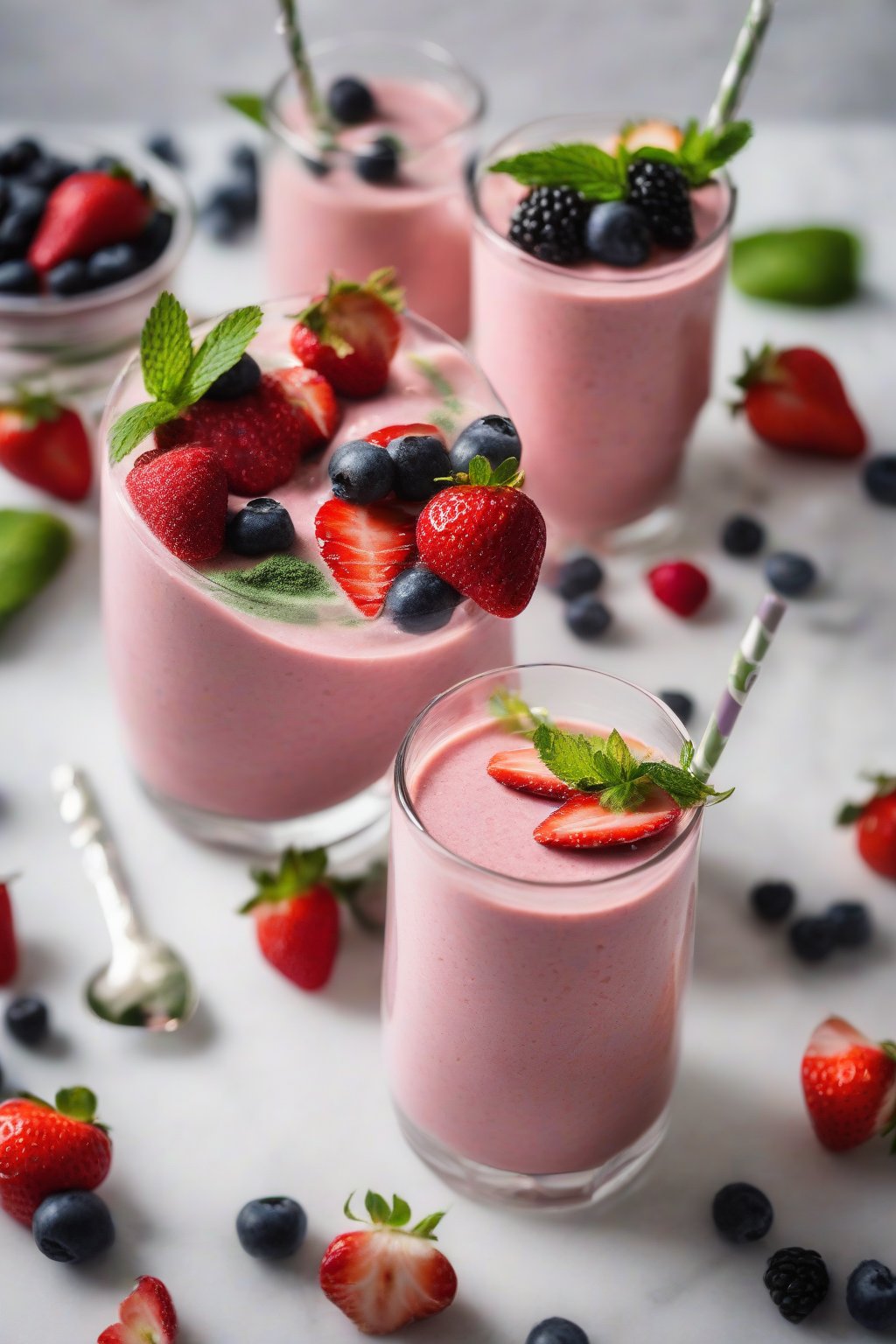 A high-resolution photo of a thick strawberry matcha smoothie in a clear glass topped with fresh berries, under soft lighting.