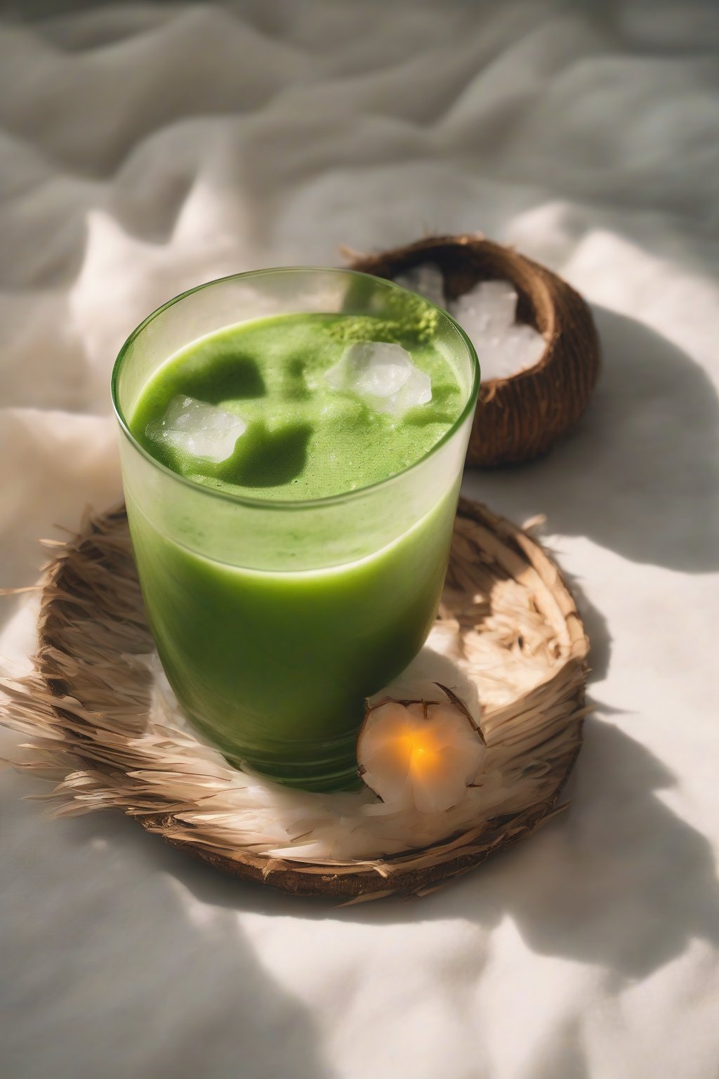 A high-resolution photo of a tropical green matcha coconut drink in a coconut shell glass with ice, under soft lighting.