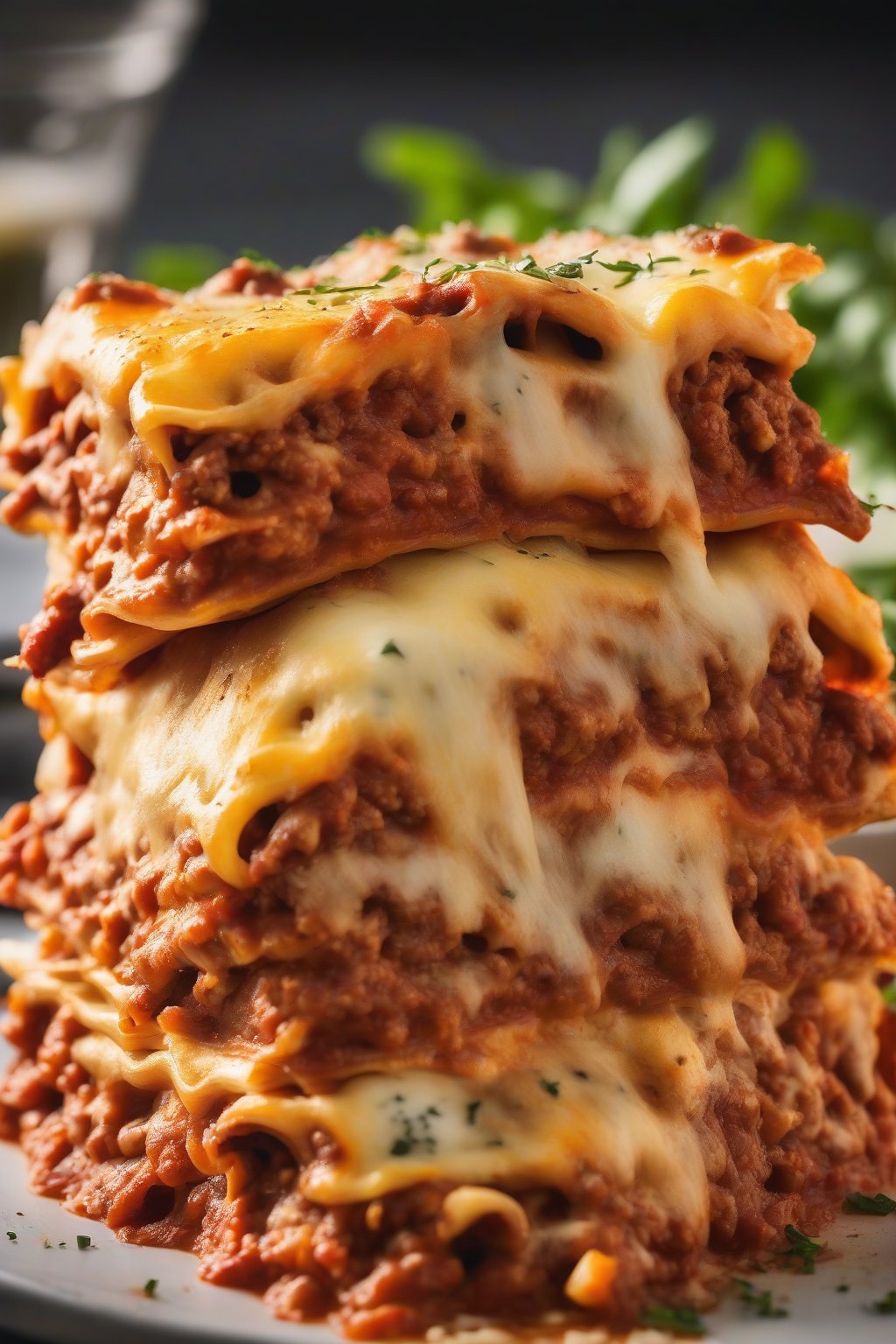 A close-up photo of a slice of classic Bolognese lasagna, revealing gooey cheese pulls and meaty layers, under soft lighting.