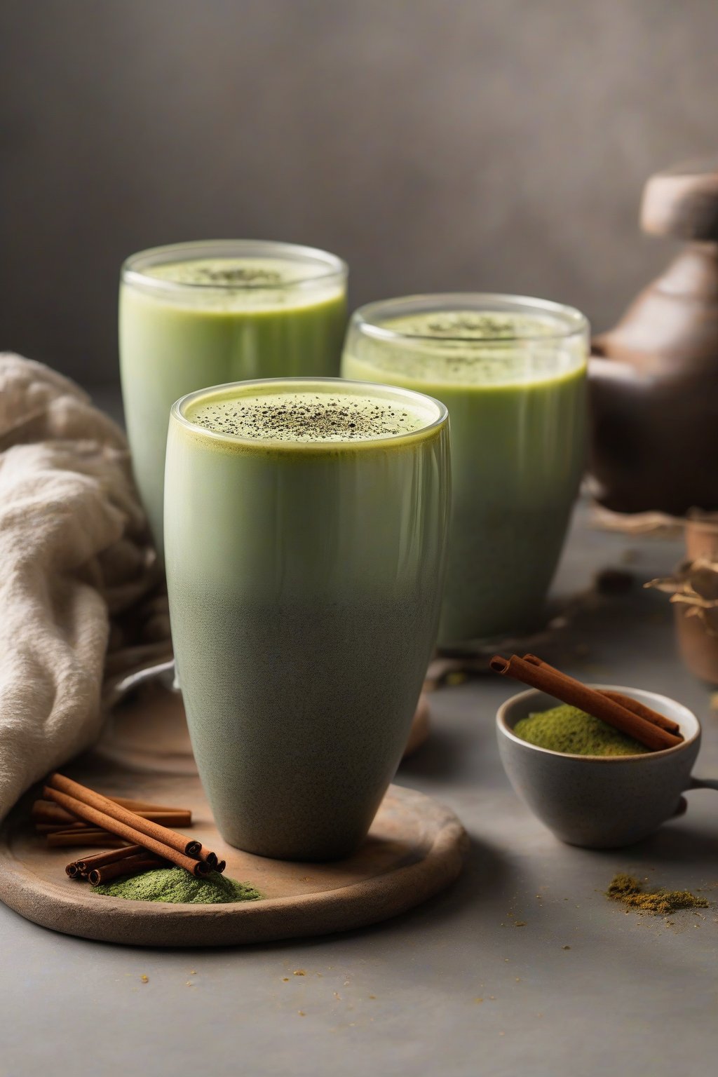 A high-resolution photo of a spiced green matcha chai latte in an earthy mug with spice flecks, under soft lighting.