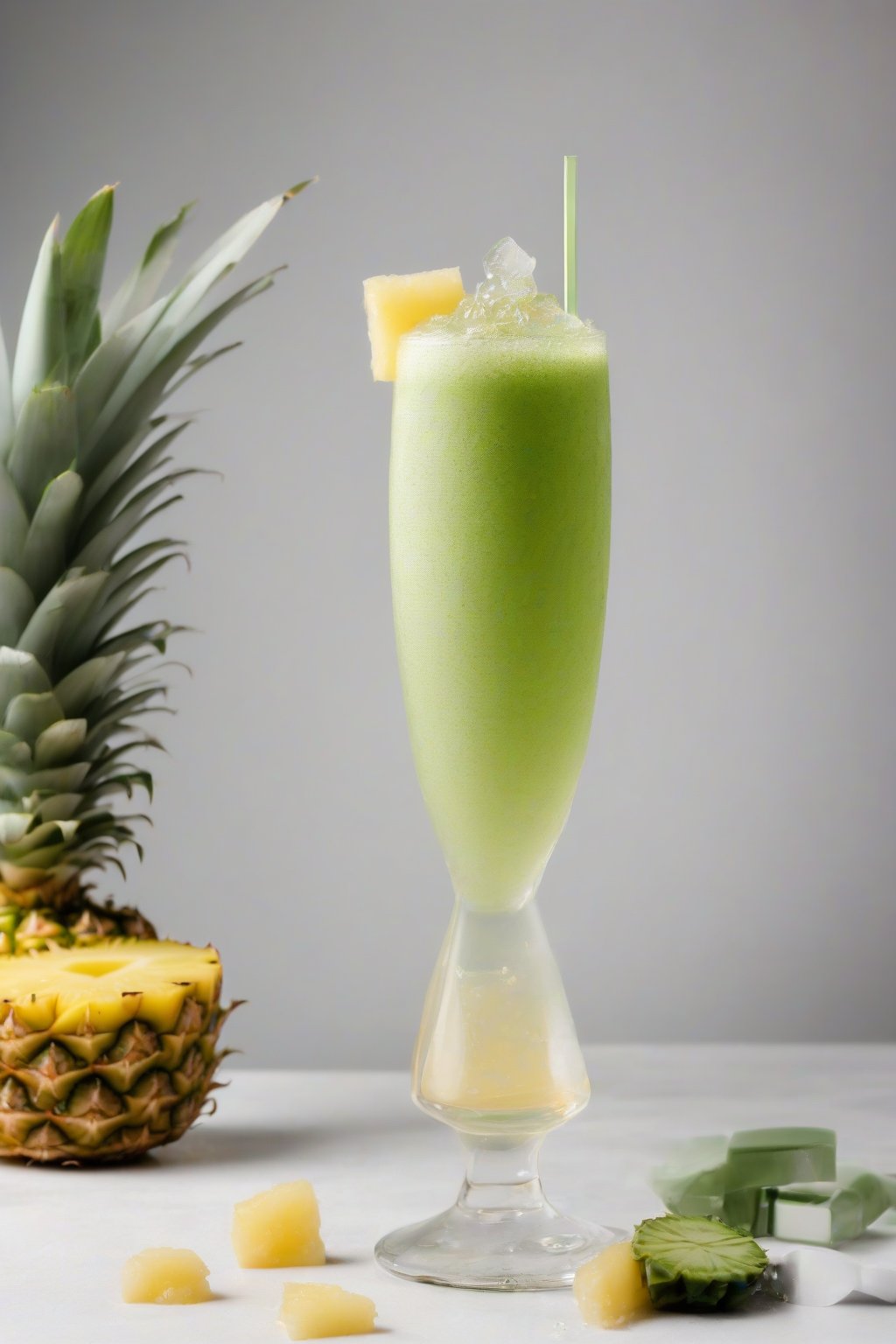 A high-resolution photo of a bubbly pineapple matcha sparkler in a flute glass with pineapple wedge, under soft lighting.