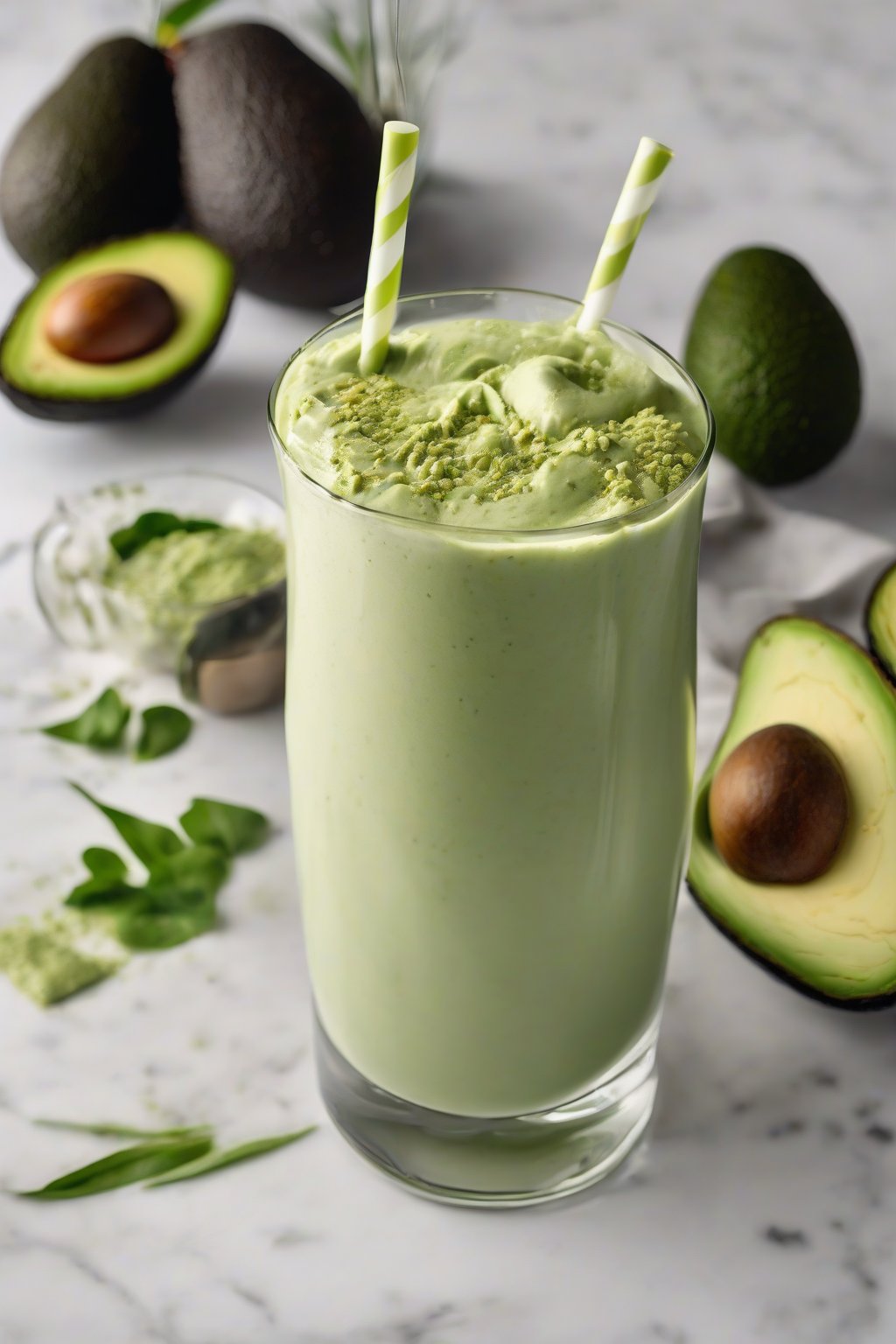 A high-resolution photo of a creamy green avocado matcha shake in a tall glass with avocado slice garnish, under soft lighting.