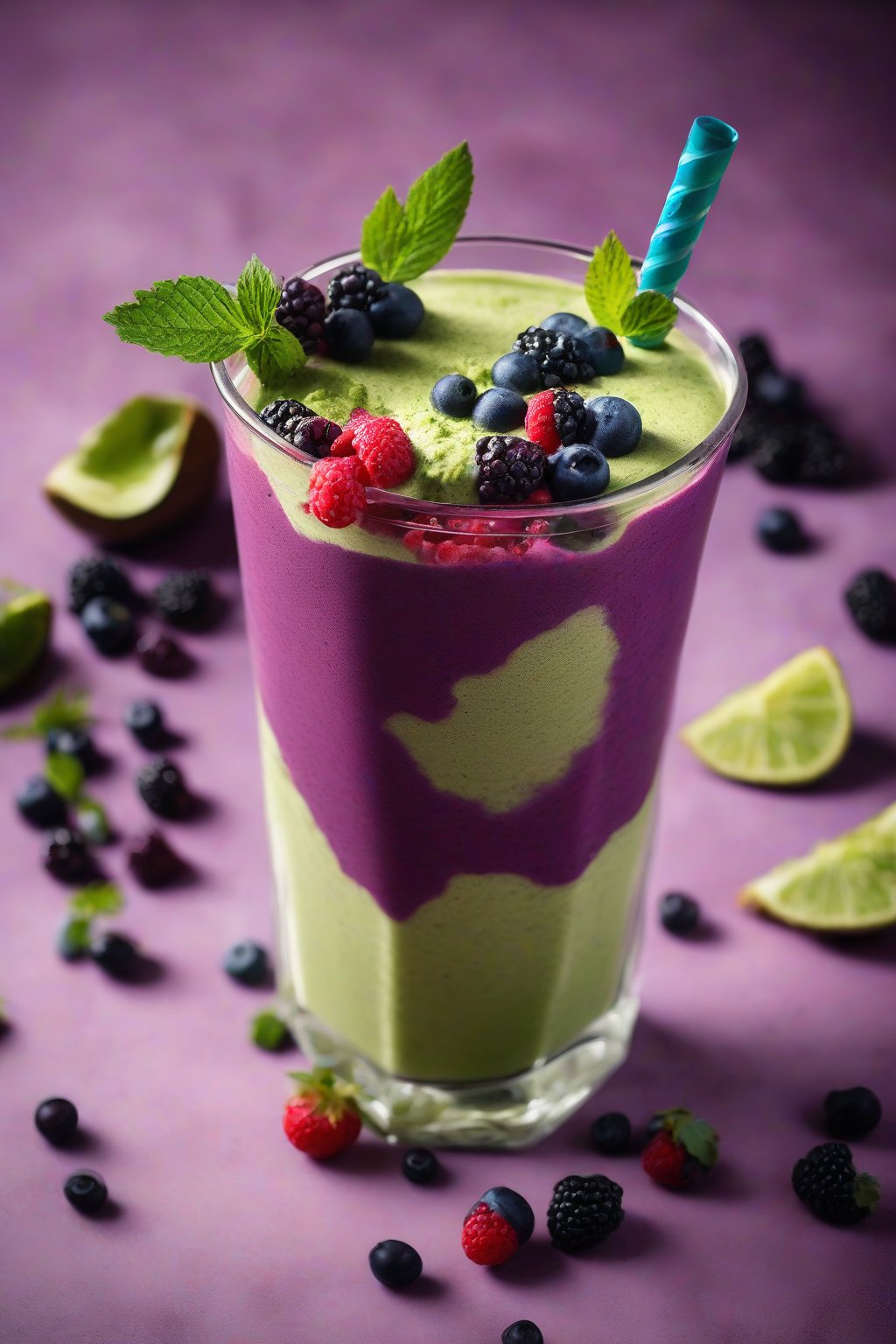 A high-resolution photo of a deep purple-green berry matcha blast smoothie topped with berries, under soft lighting.