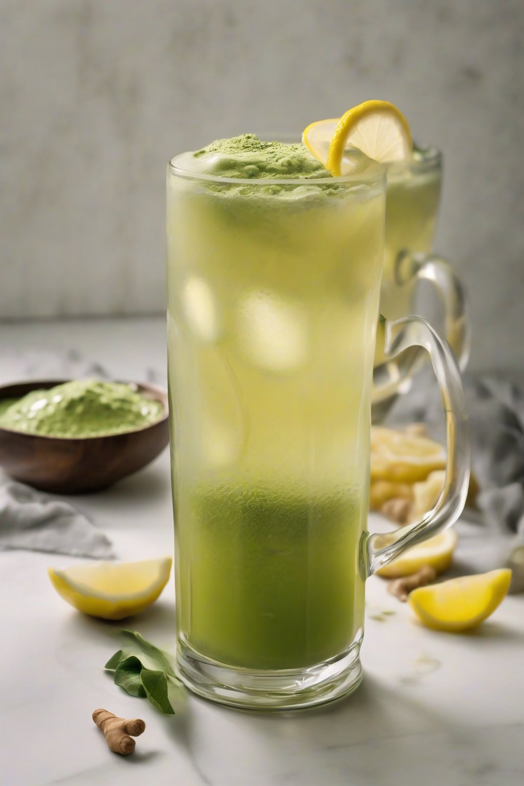 A high-resolution photo of a steaming ginger matcha lemon tonic in a glass mug with lemon twist and ginger slices, under soft lighting.