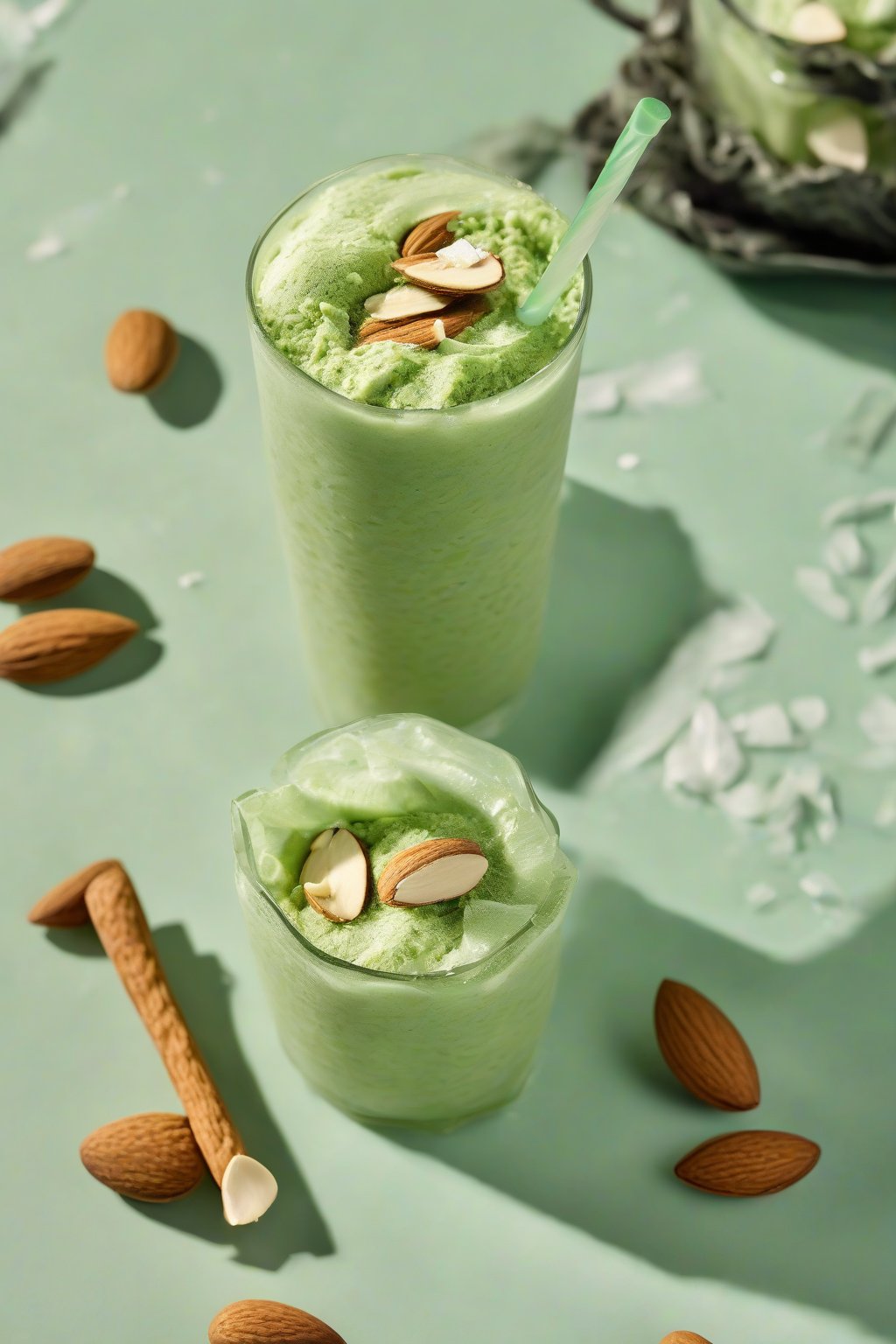 A high-resolution photo of a frosty green matcha almond frappe in a chilled glass with almond slivers, under soft lighting.
