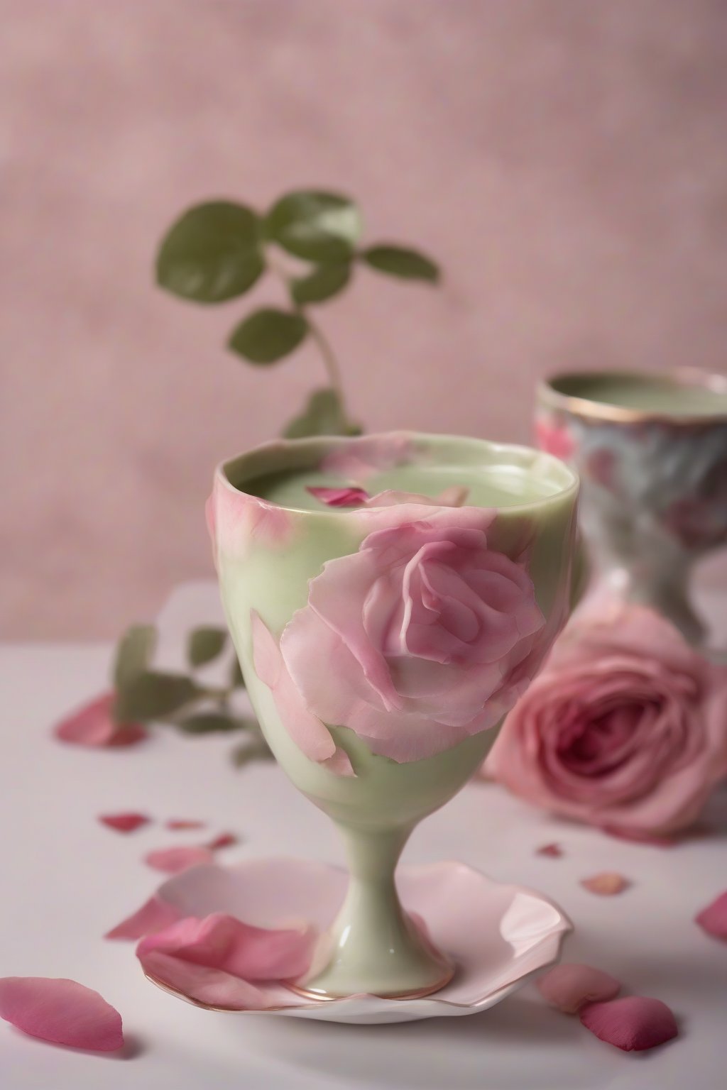 A high-resolution photo of a delicate pink-tinged matcha rose drink in a porcelain cup with rose petals, under soft lighting.