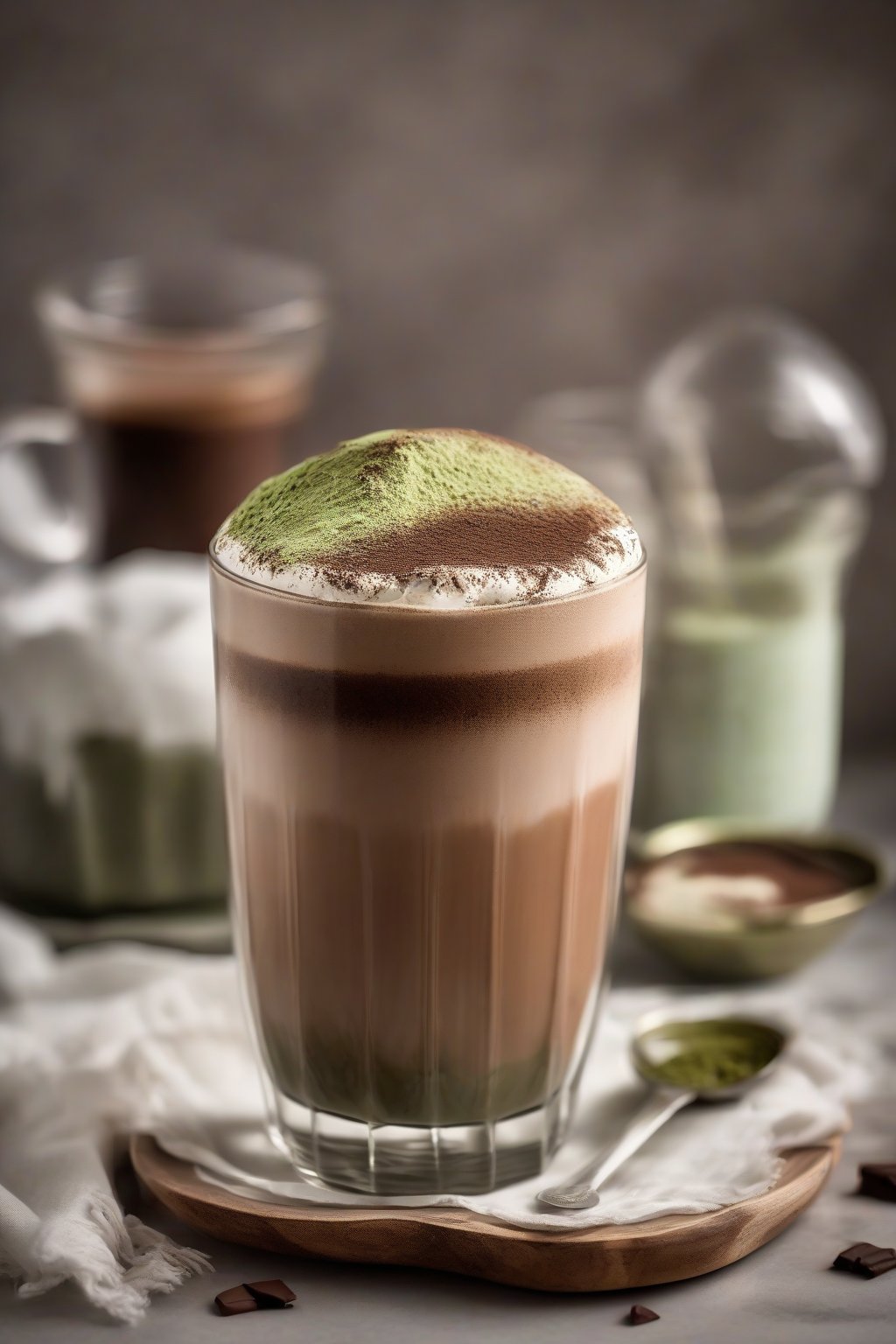 A high-resolution photo of a mocha matcha drink layered in a clear glass with cocoa dusting, under soft lighting.