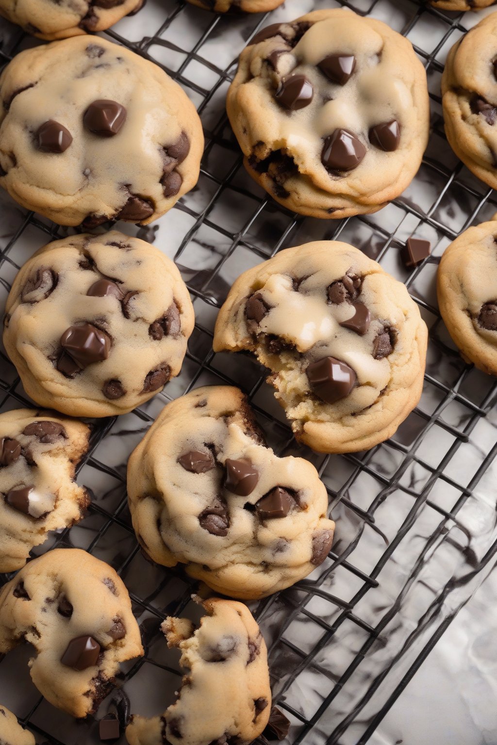 A high-resolution photo of classic gooey chocolate chip cookies with melty centers on a cooling rack under soft lighting.
