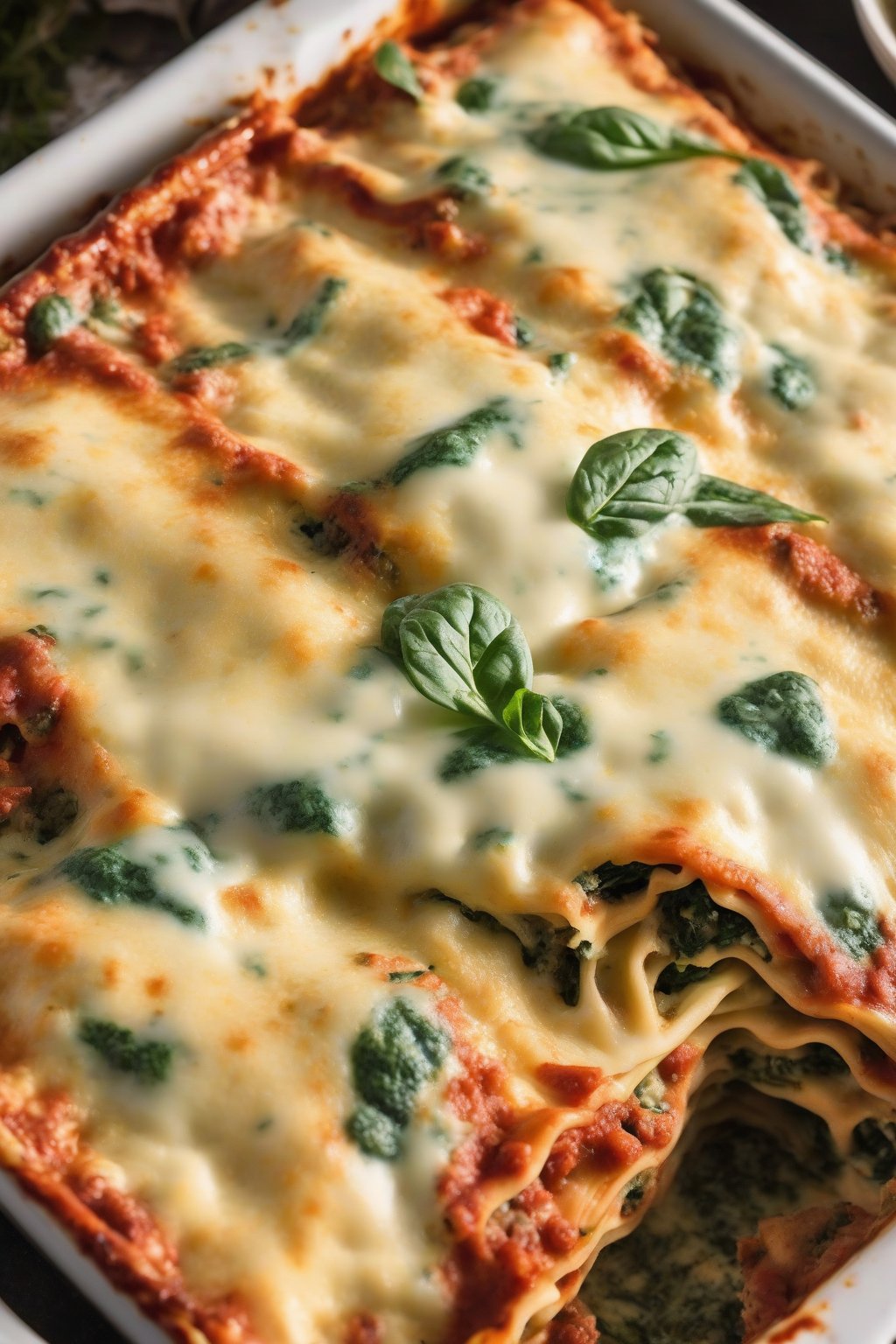 A close-up photo of spinach and ricotta lasagna, showing bright green flecks amid creamy white filling and red sauce, under soft lighting.