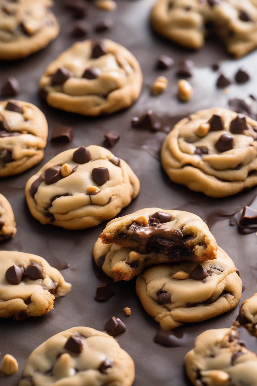 A high-resolution photo of peanut butter stuffed gooey chocolate chip cookies with dripping filling under soft lighting.