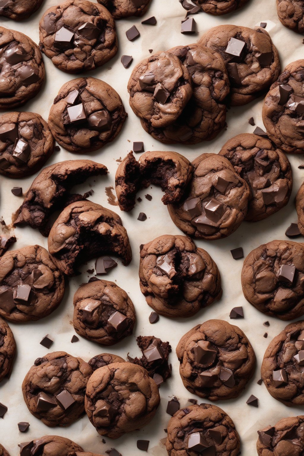 A high-resolution photo of double chocolate gooey chocolate chip cookies with molten chocolate chunks under soft lighting.