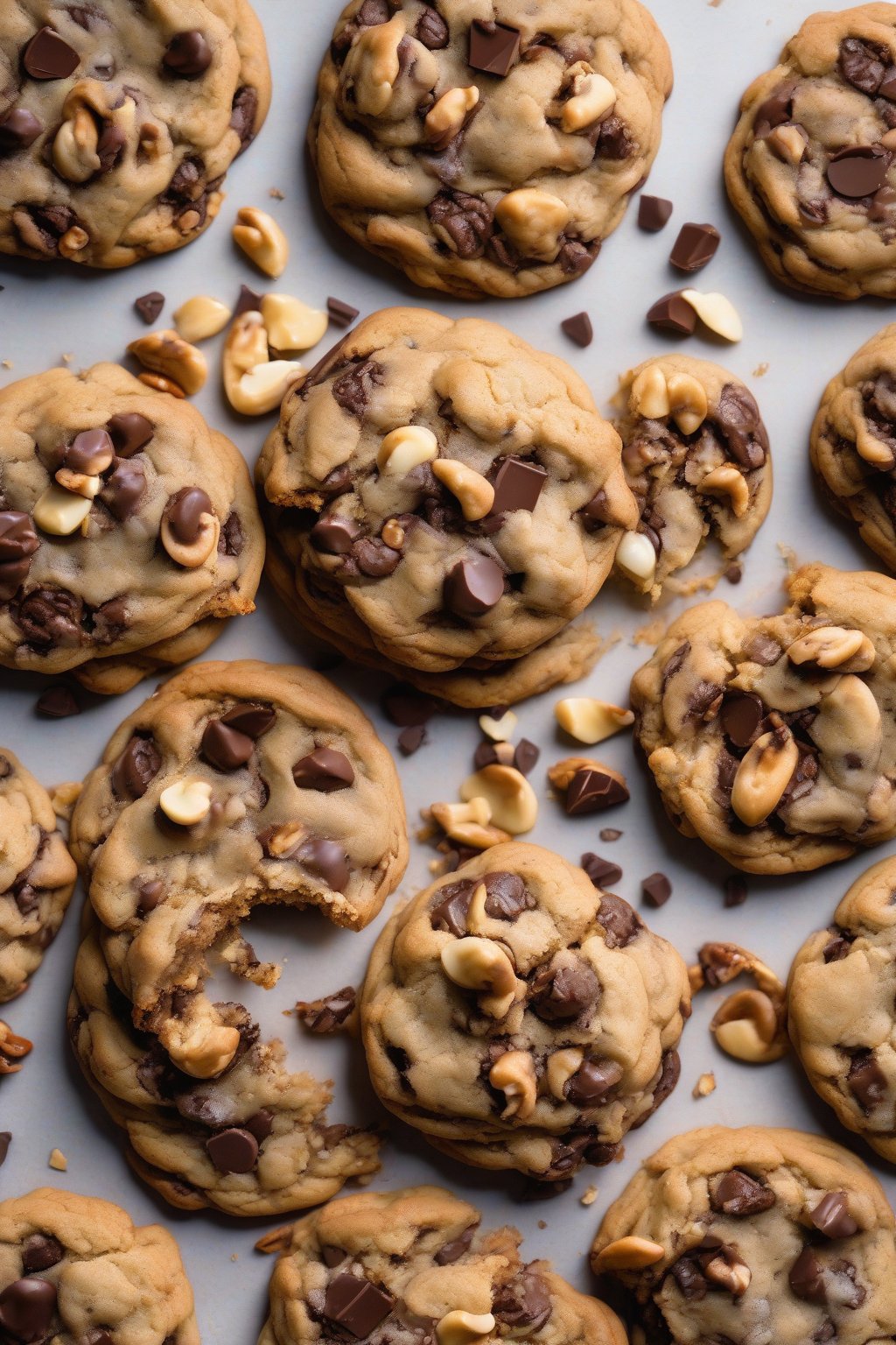 A high-resolution photo of loaded gooey chocolate chip cookies piled with nuts and chips under soft lighting.