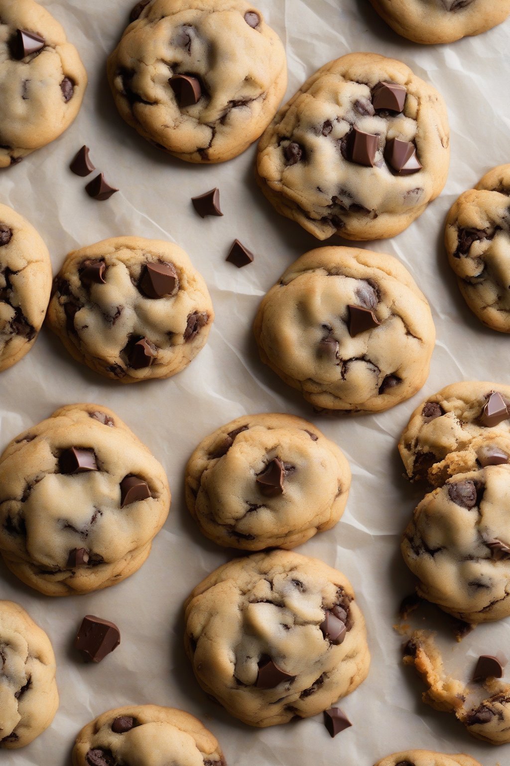 A high-resolution photo of gluten-free gooey chocolate chip cookies with soft centers on parchment under soft lighting.