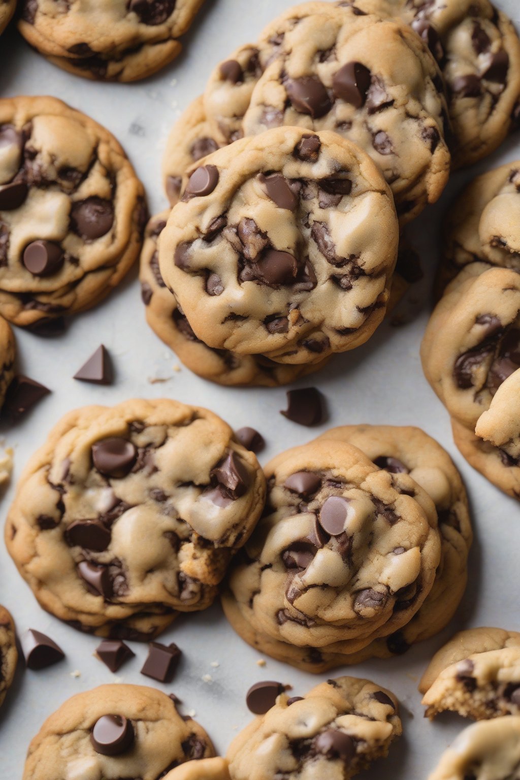 A high-resolution photo of vegan gooey chocolate chip cookies with shiny tops and chips under soft lighting.