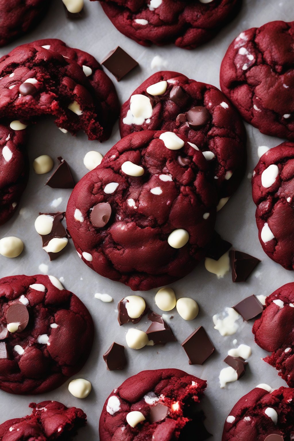 A high-resolution photo of red velvet gooey chocolate chip cookies with vibrant color and white chips under soft lighting.