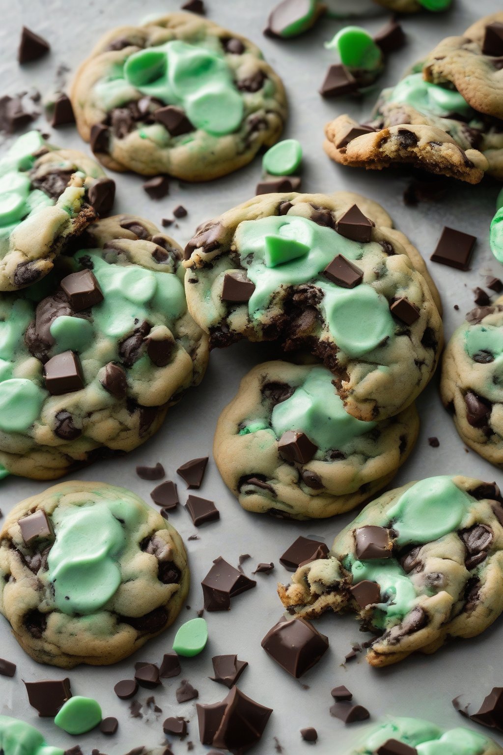 A high-resolution photo of mint chocolate gooey chocolate chip cookies with green-flecked chips under soft lighting.