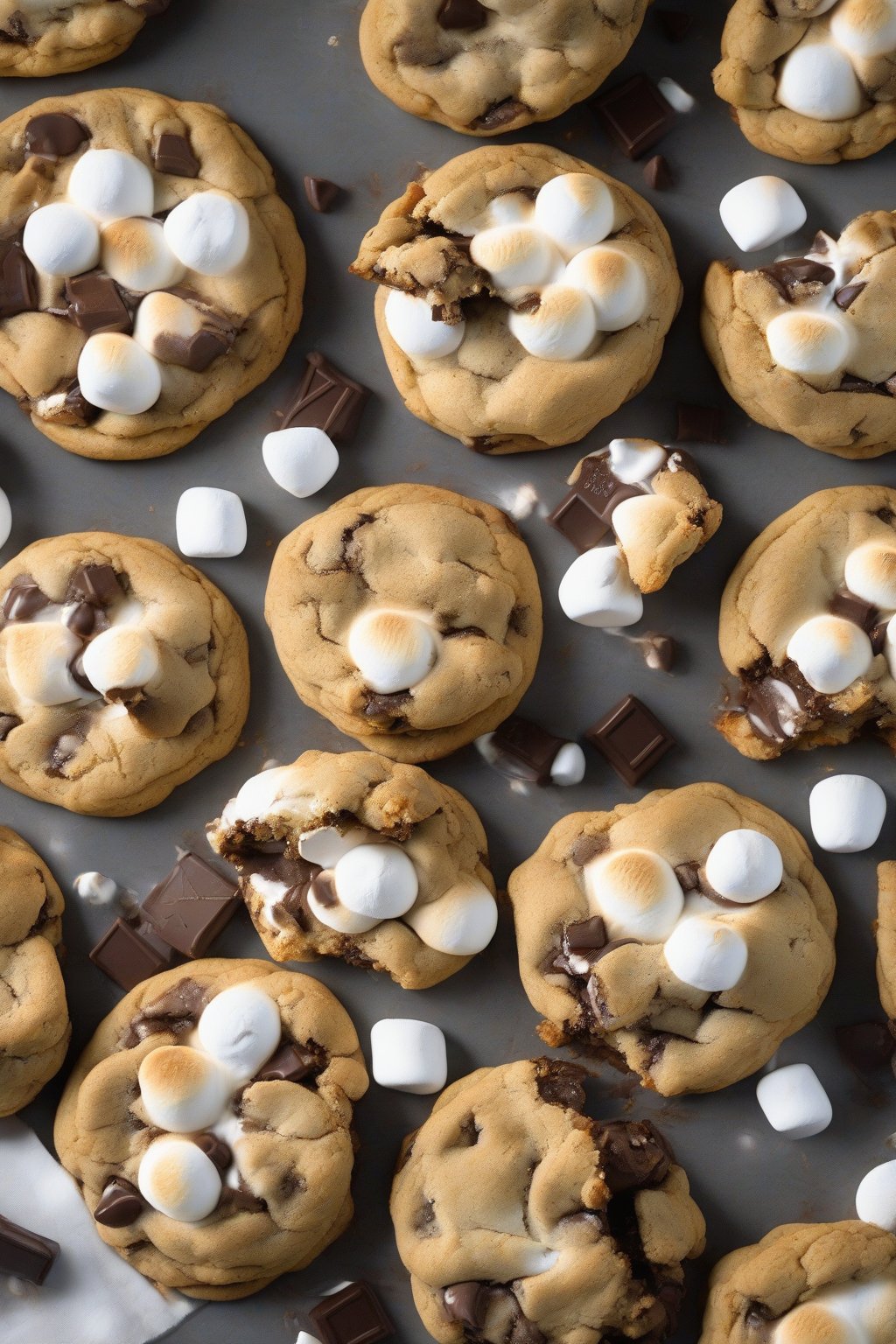 A high-resolution photo of s'mores gooey chocolate chip cookies with toasted marshmallows under soft lighting.
