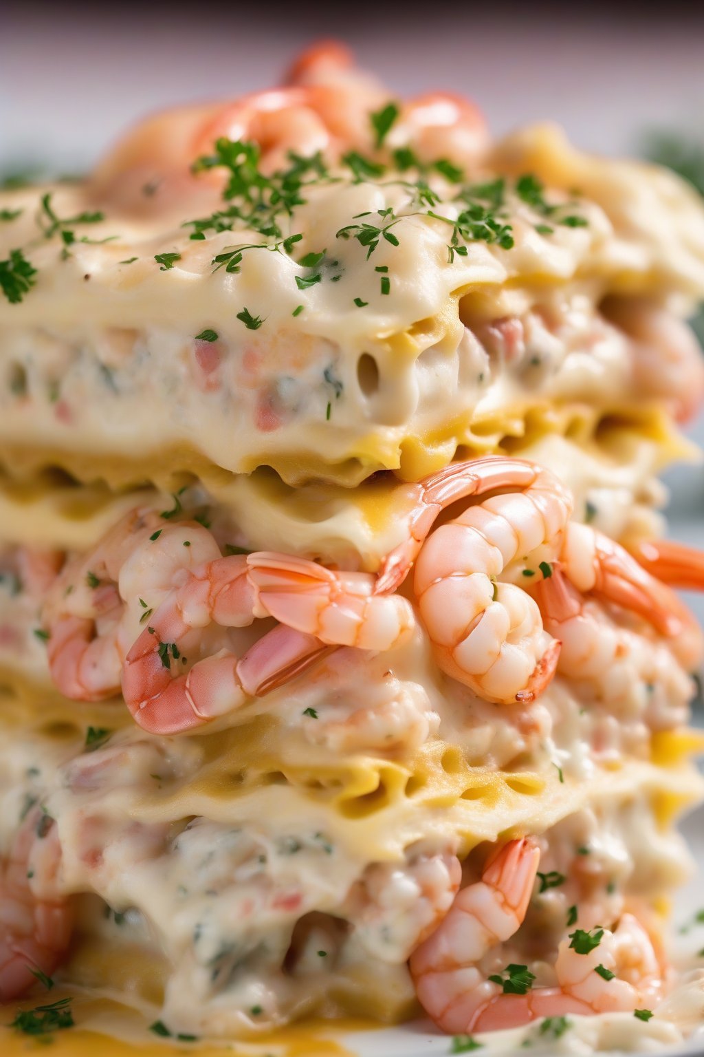 A close-up photo of seafood lasagna slice, with pink shrimp and white crab peeking through creamy layers, under soft lighting.