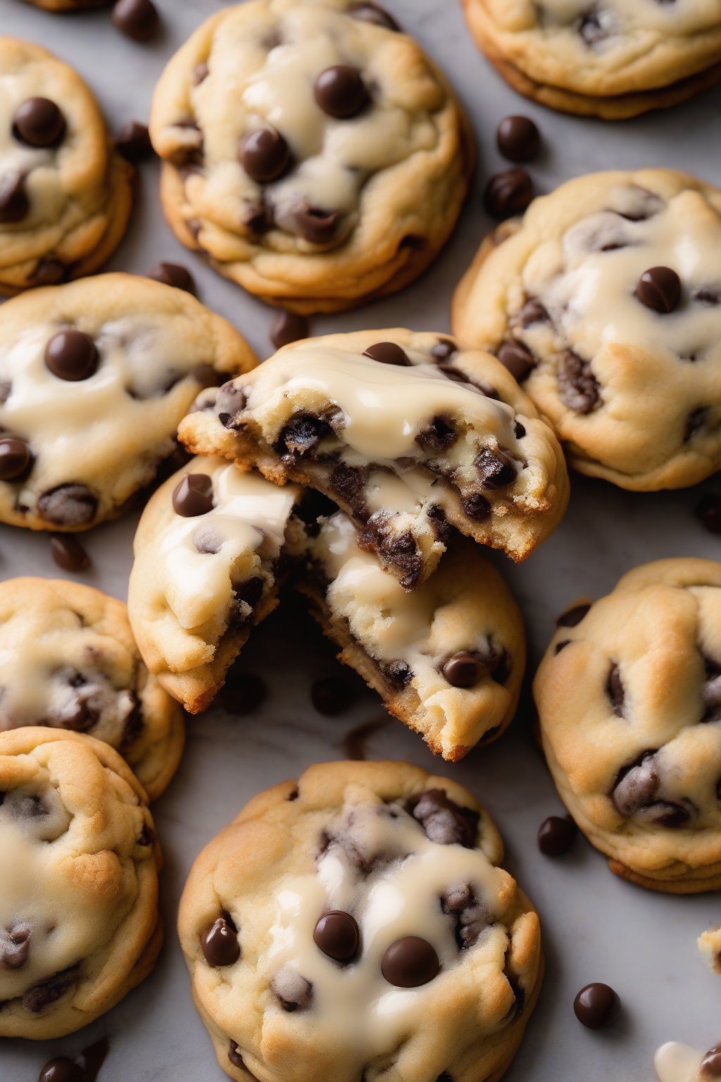 A high-resolution photo of cheesecake stuffed gooey chocolate chip cookies with creamy filling oozing under soft lighting.