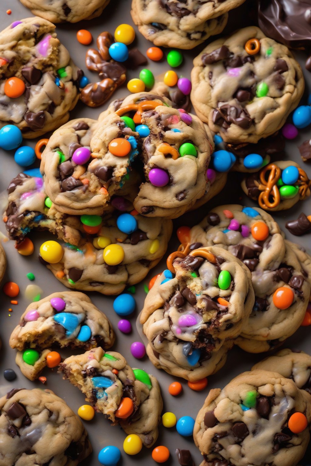 A high-resolution photo of monster gooey chocolate chip cookies overflowing with candies and pretzels under soft lighting.