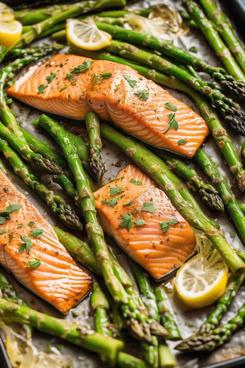A close-up photo of baked salmon with vibrant green asparagus on a sheet pan under soft lighting.