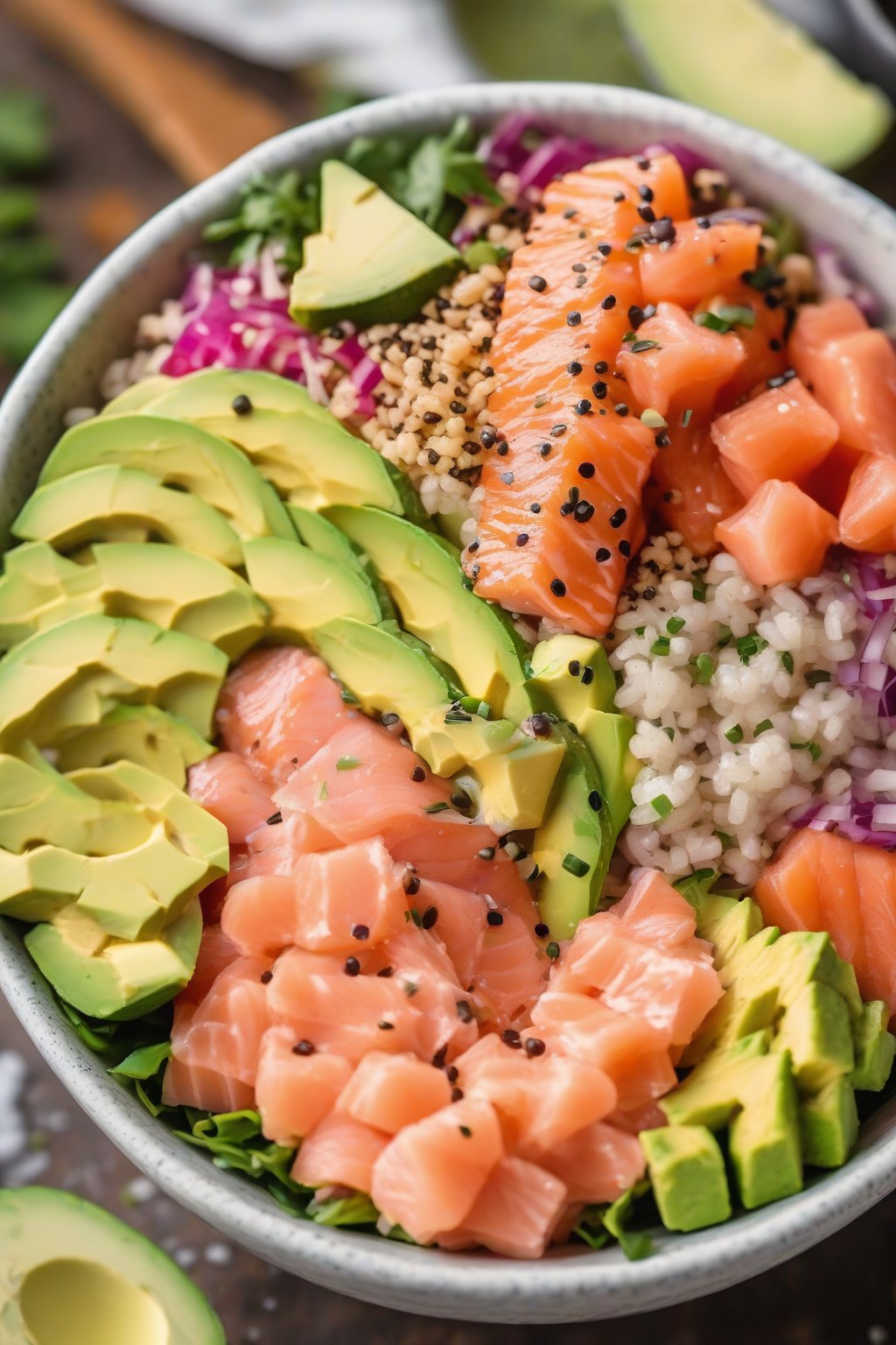 A close-up photo of colorful salmon poke bowl with diced salmon, avocado, and quinoa under soft lighting.