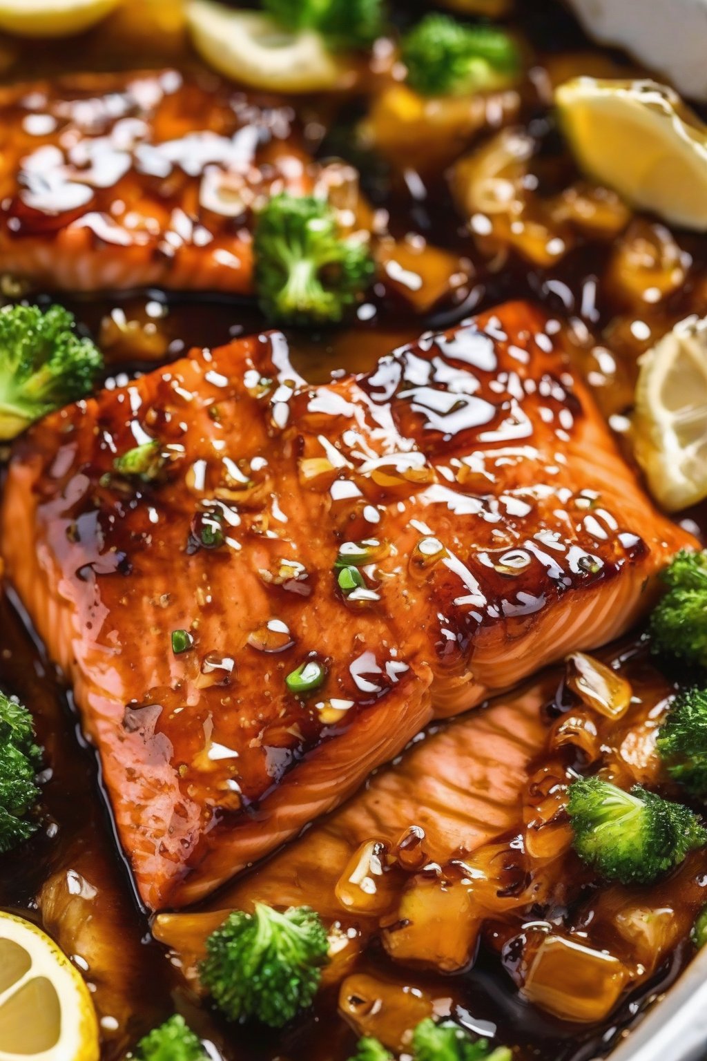 A close-up photo of glazed honey garlic salmon with caramelized edges under soft lighting.