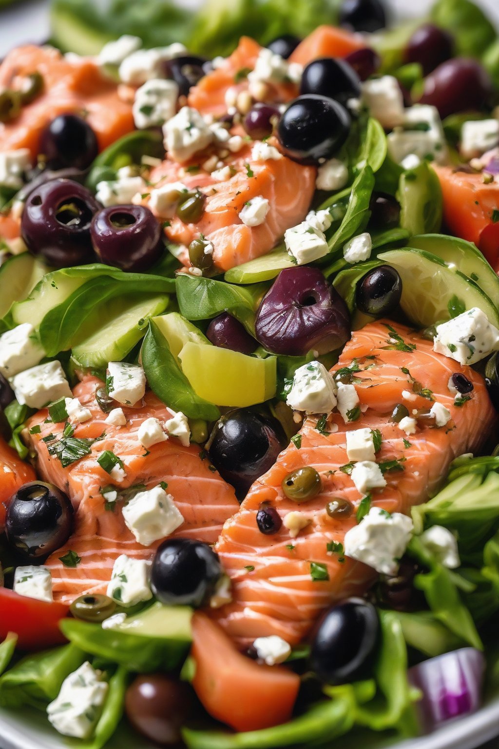 A close-up photo of Mediterranean salmon salad with feta crumbles and olives under soft lighting.