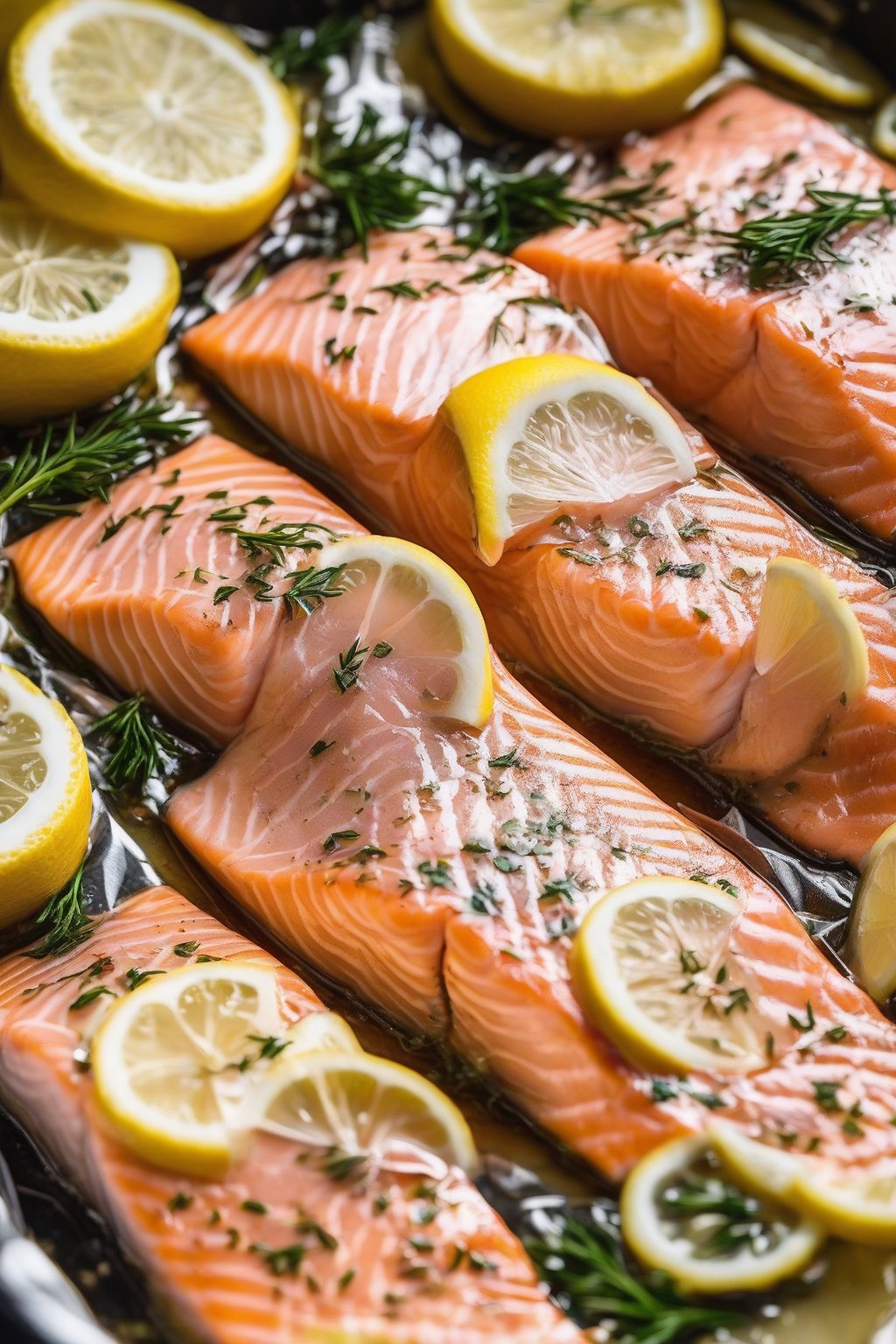A close-up photo of foil packet salmon opened to reveal steamed fillets with lemon slices under soft lighting.